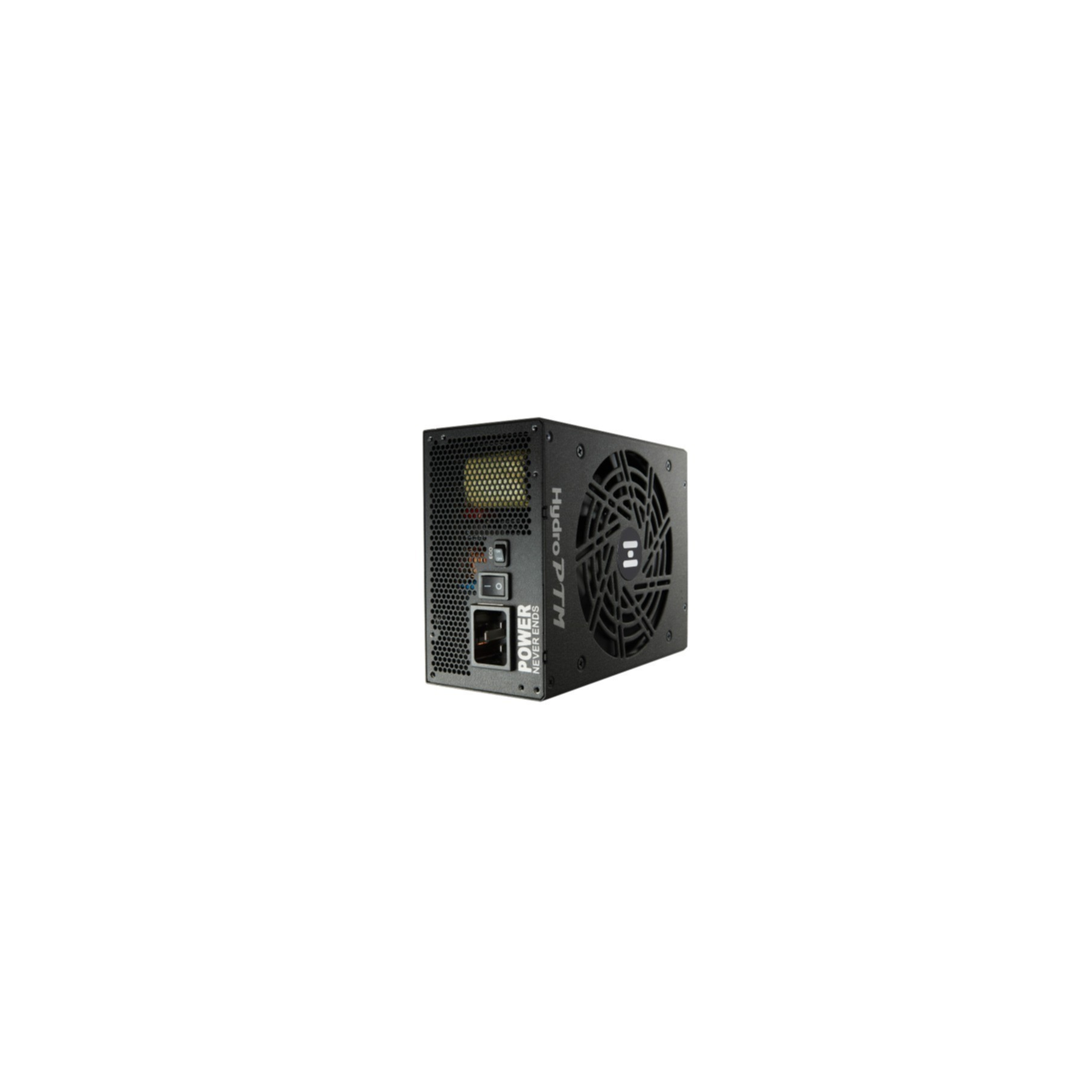 Zwarte voeding, zijaanzicht, ventilator zichtbaar.