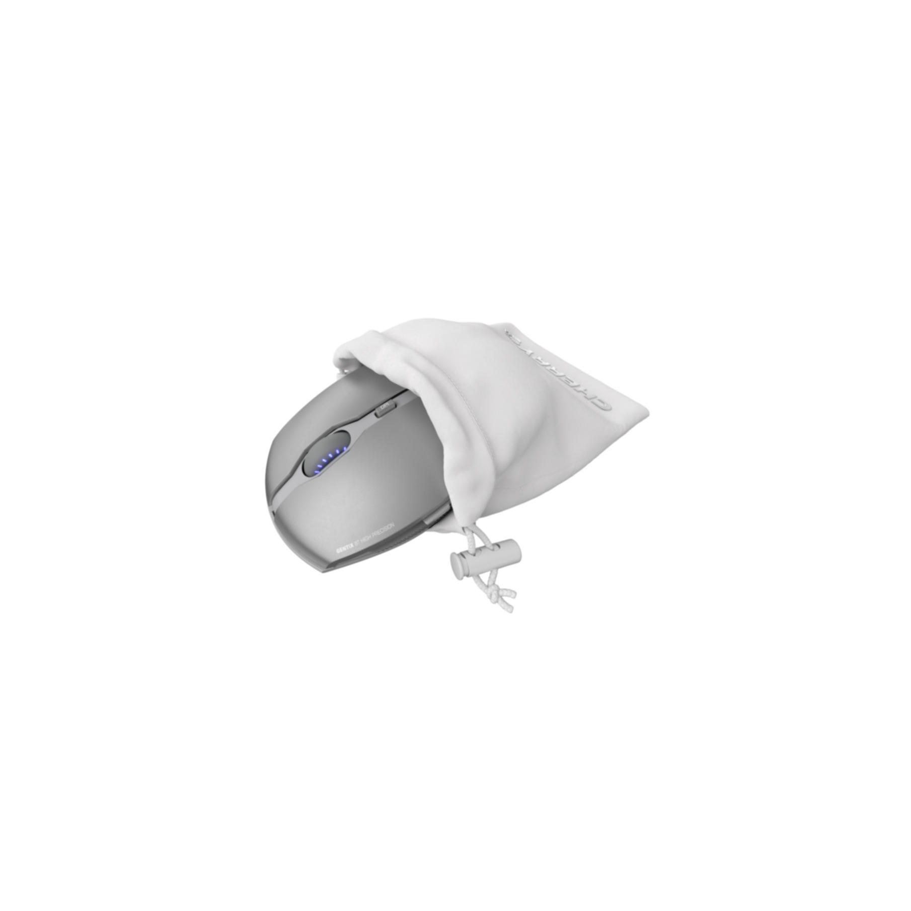 Een zilveren computermuis in een witte draagtas.