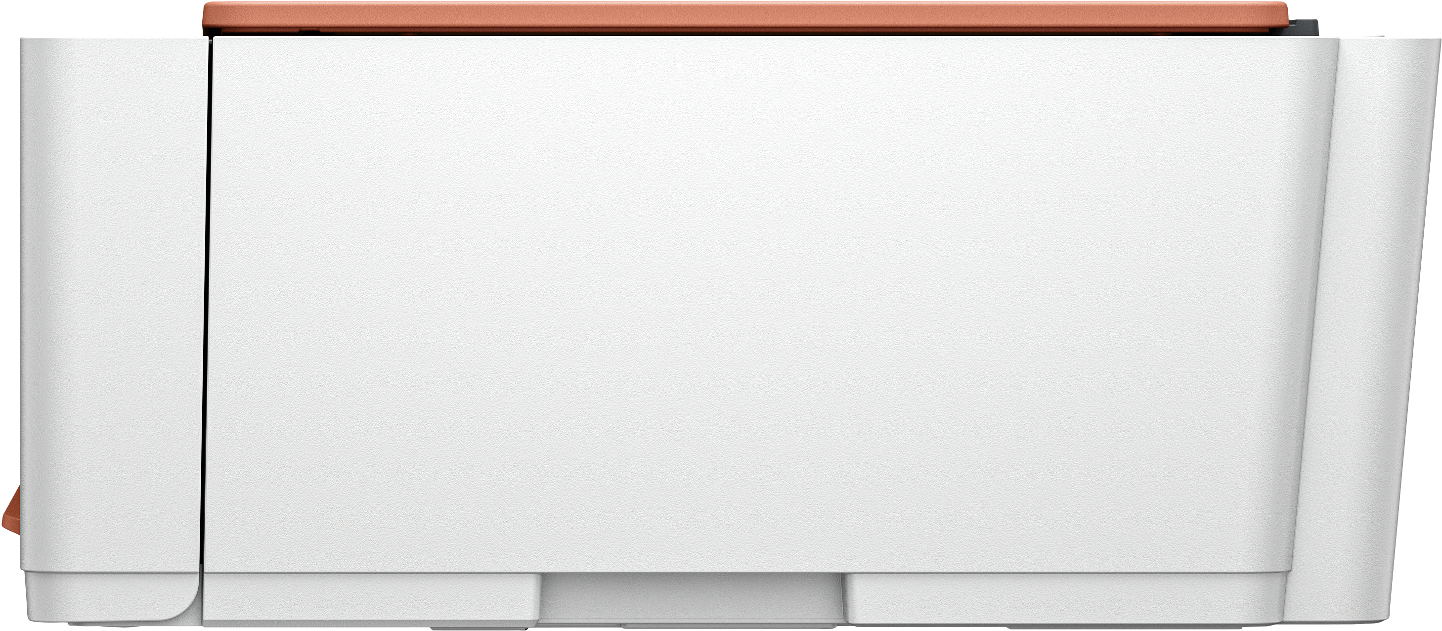 Seitenansicht eines weißen Druckers mit weißem Gehäuse und orangem Oberteil. Es hat ein schlichtes Design.