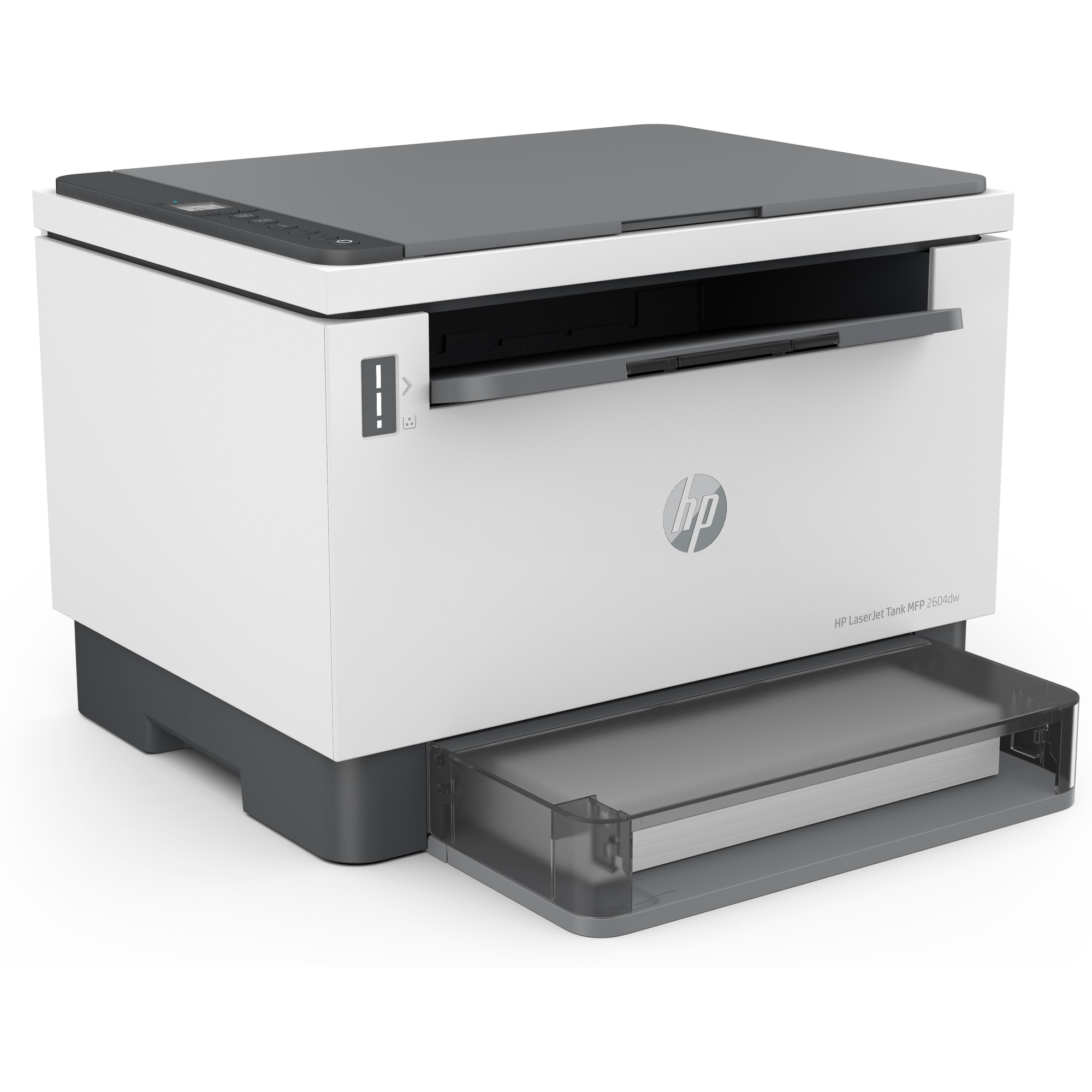 Biała drukarka HP LaserJet z szarą górą, z podajnikiem papieru i logo HP, umieszczona na białym tle.