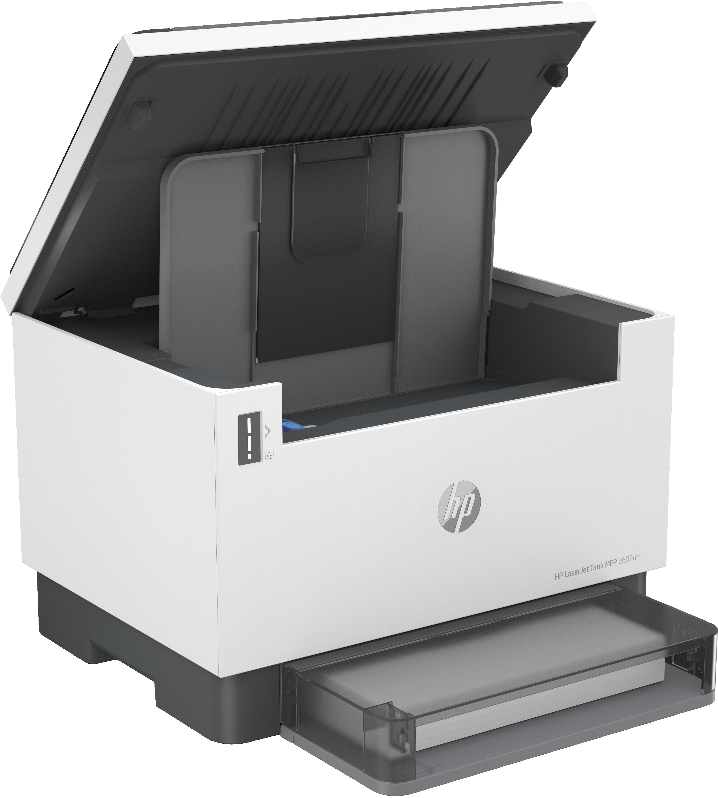 Ein weißer HP LaserJet Drucker mit geöffneter oberer Abdeckung, der die inneren Komponenten zeigt.