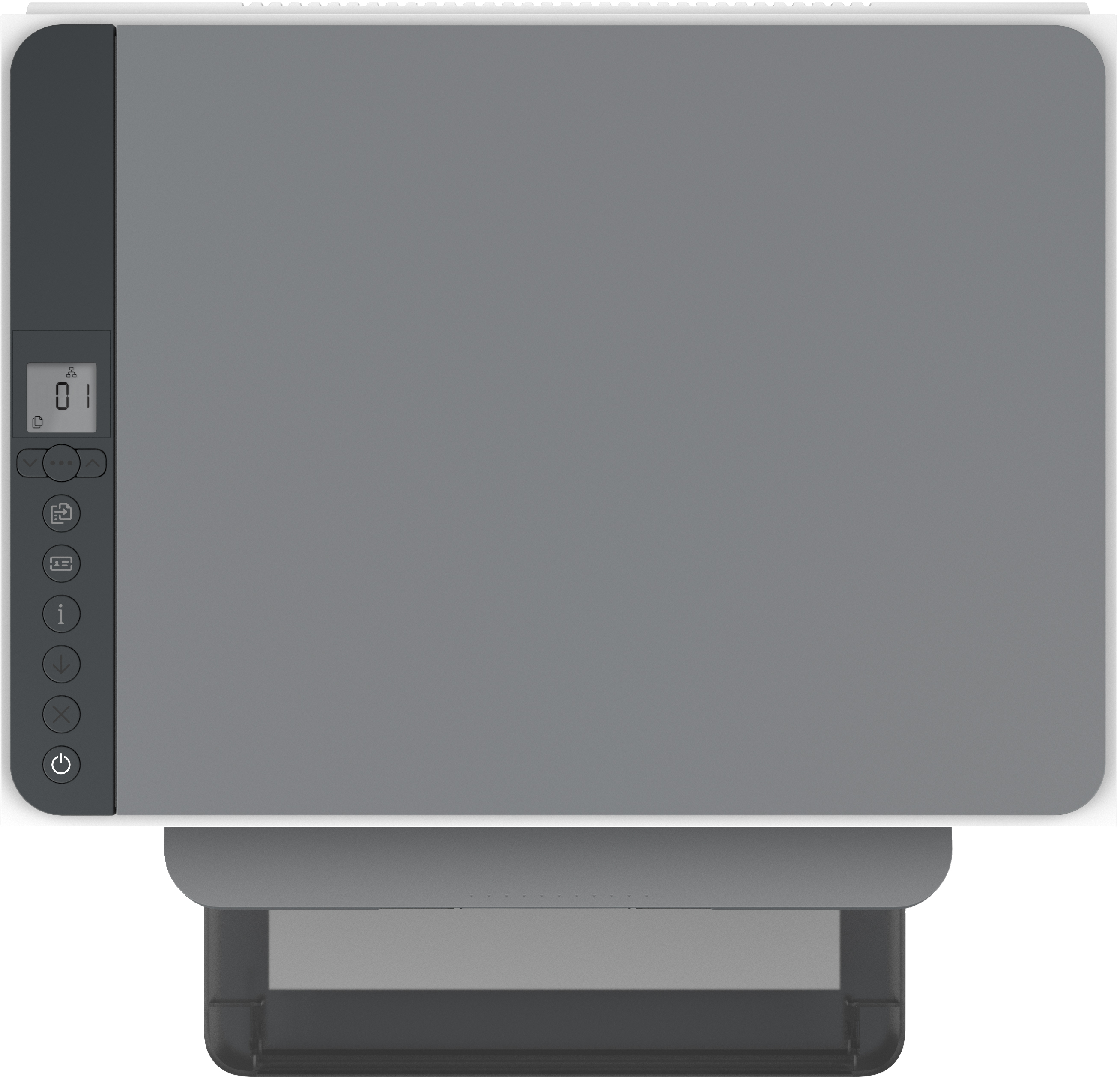 Ein grauer HP Drucker von oben, der das Bedienfeld und das Papierfach zeigt.
