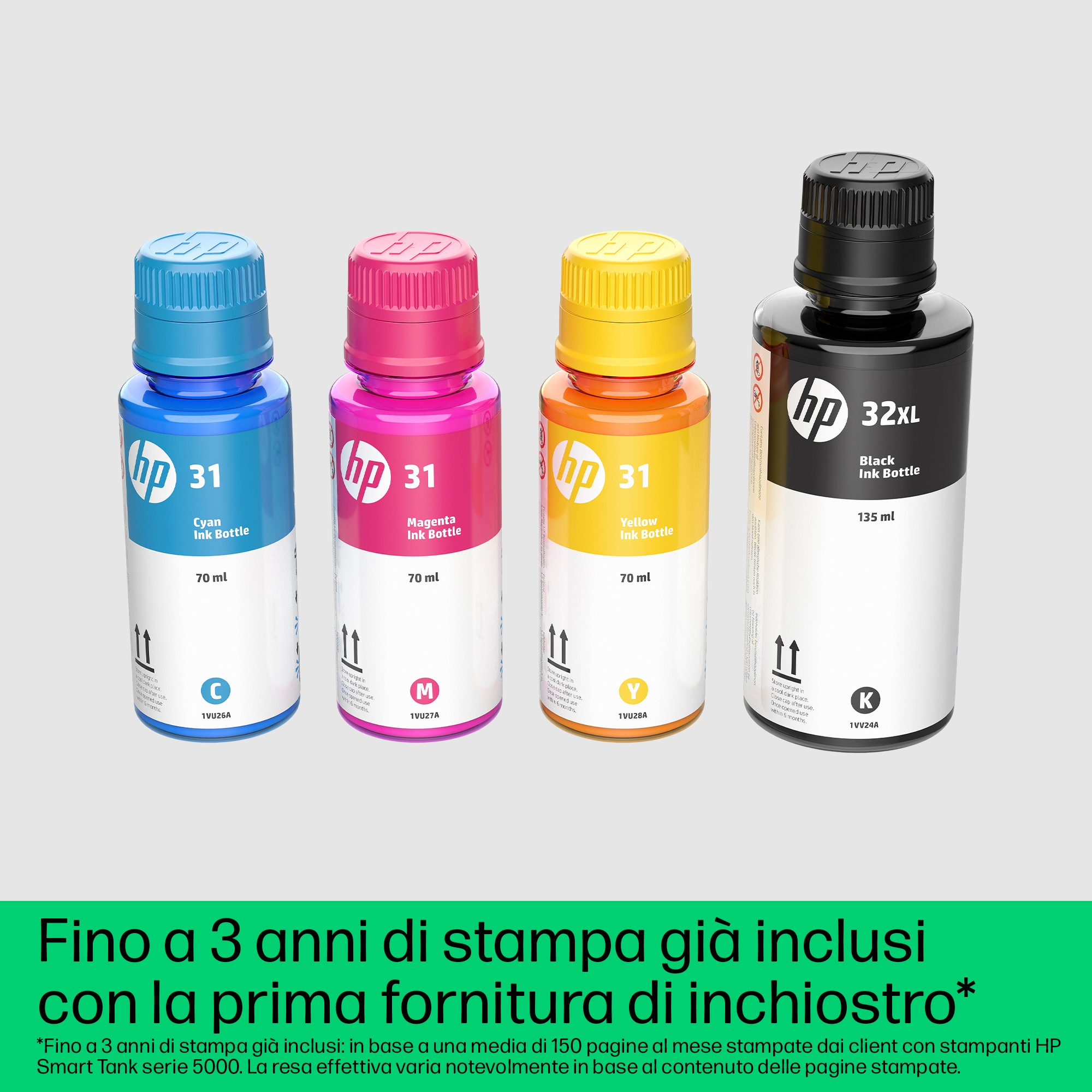 Cuatro botellas de tinta HP en cian, magenta, amarillo y negro, etiquetadas con sus respectivos colores y volúmenes.