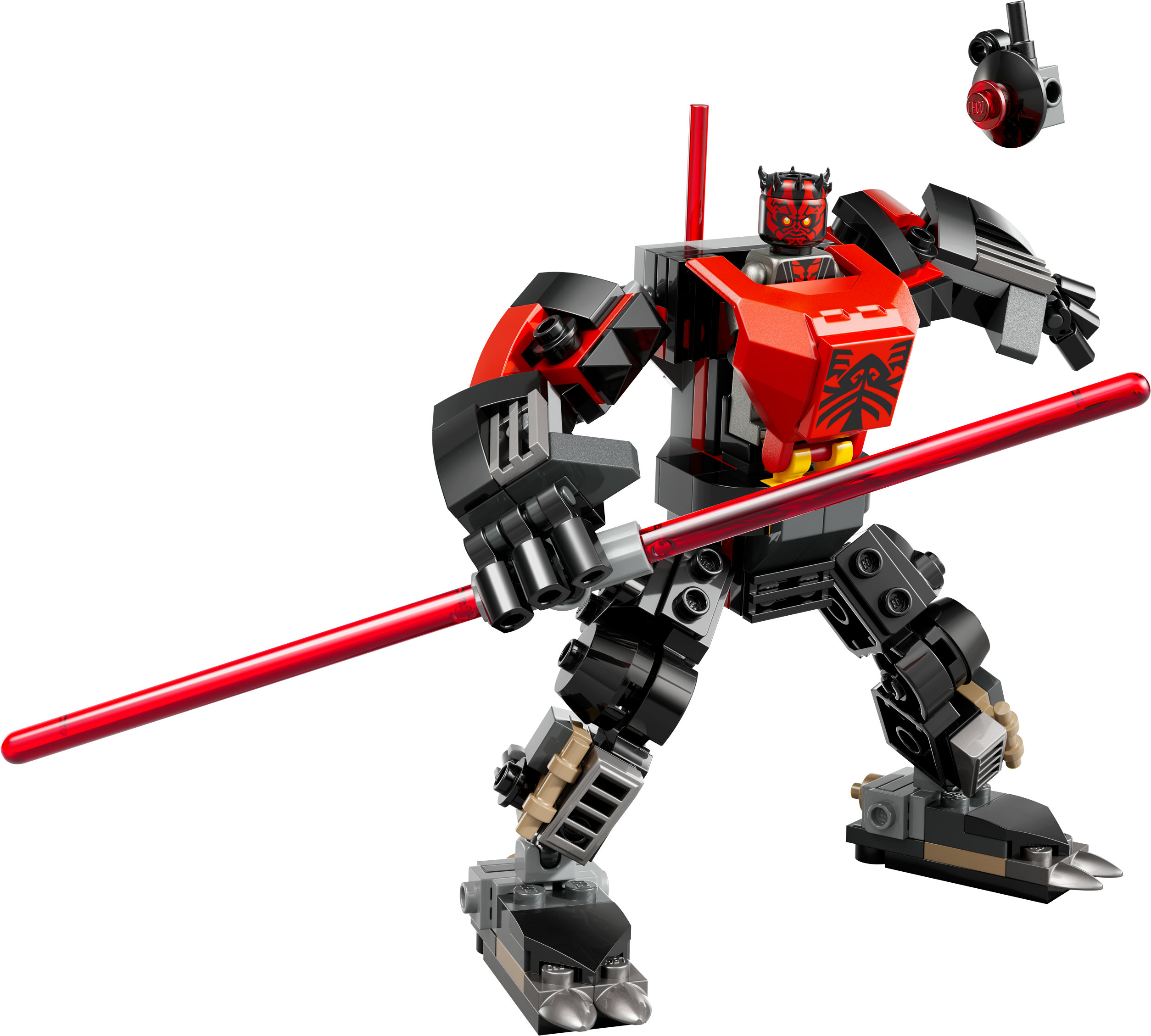 Una figura LEGO di Darth Maul Mech con spada laser rossa si erge su uno sfondo bianco.