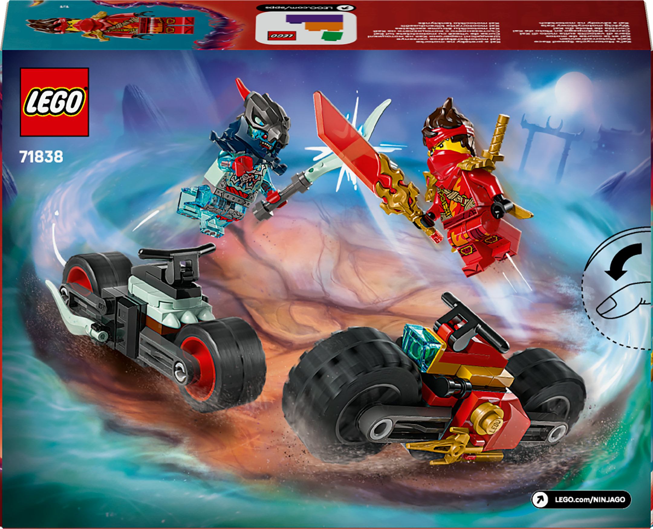 Tył pudełka Lego Ninjago z dwoma motocyklami i figurkami, na tle wirującego tła z górskim krajobrazem.