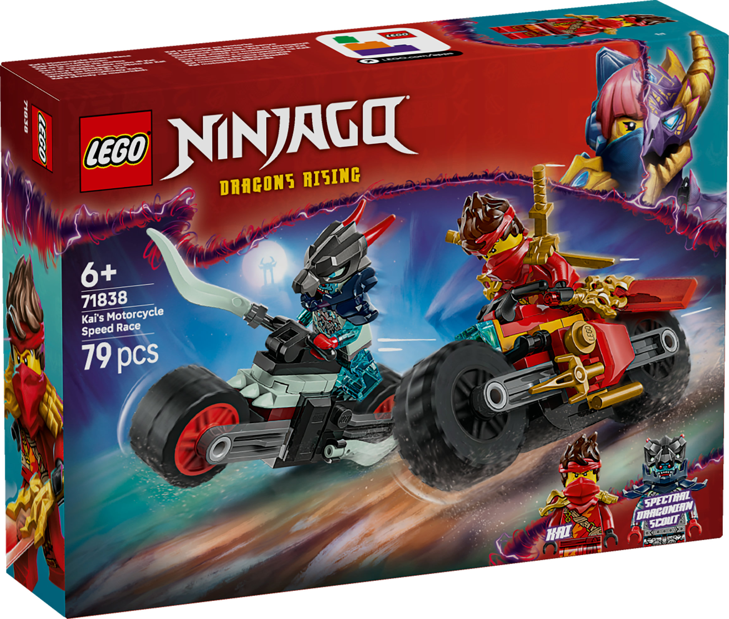 Pudełko Lego Ninjago z dwoma motocyklami i figurkami na czerwono-niebieskim tle, "Dragons Rising" i "79 elementów".
