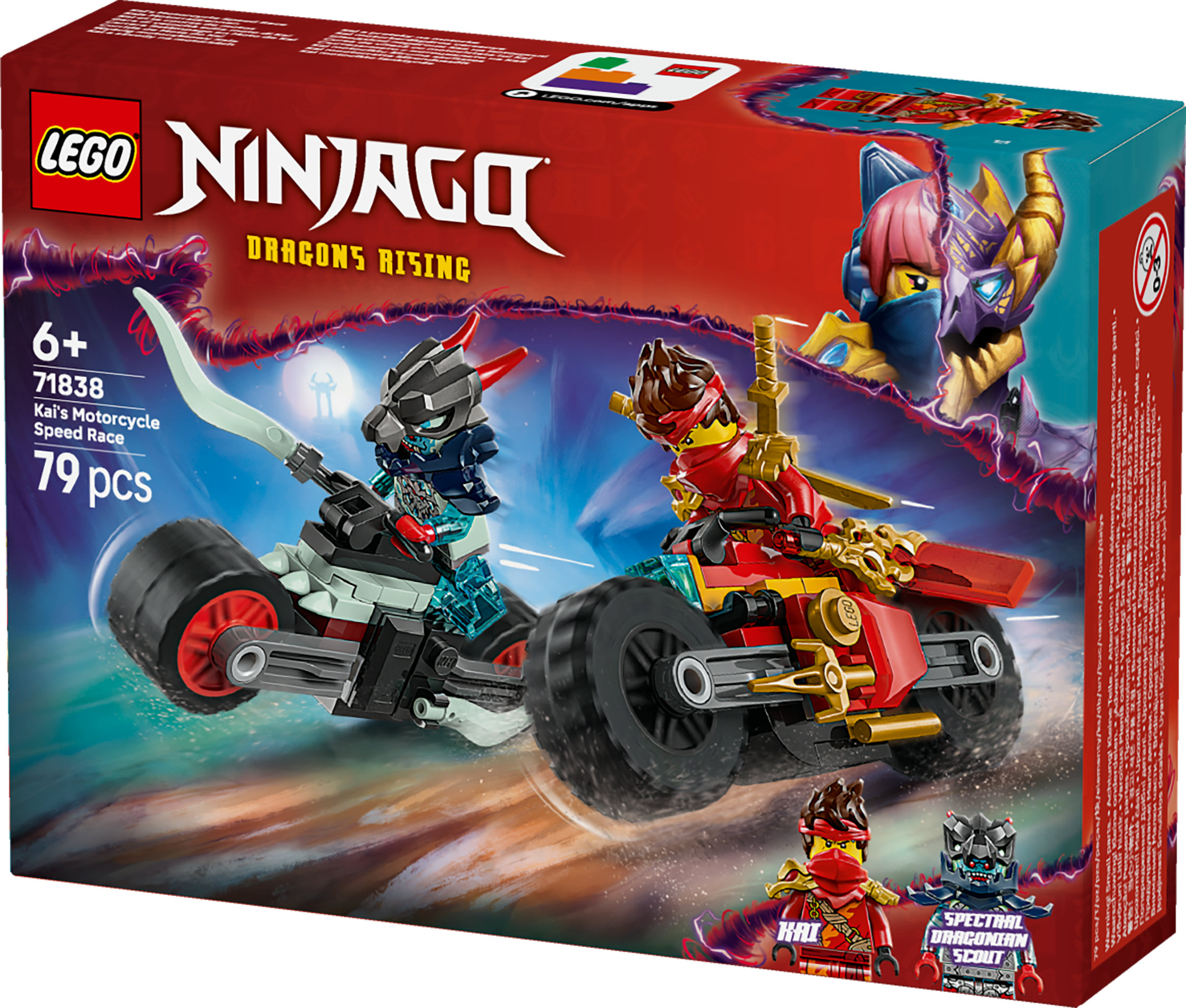Pudełko Lego Ninjago z motocyklami i figurkami na niebiesko-czerwonym tle, Dragons Rising, 79 elementów, wiek 6+.