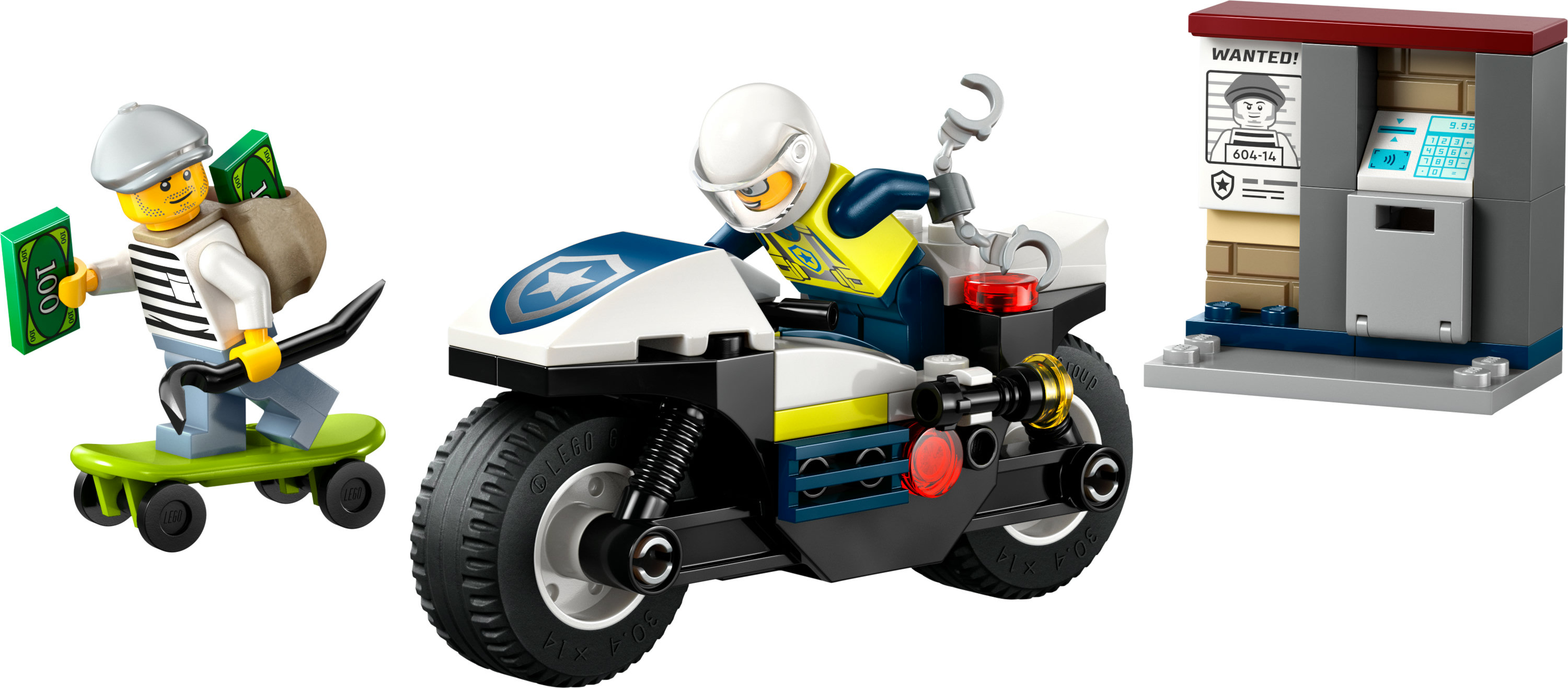Set Lego City con moto della polizia, criminale su skateboard e bancomat con poster di ricerca.