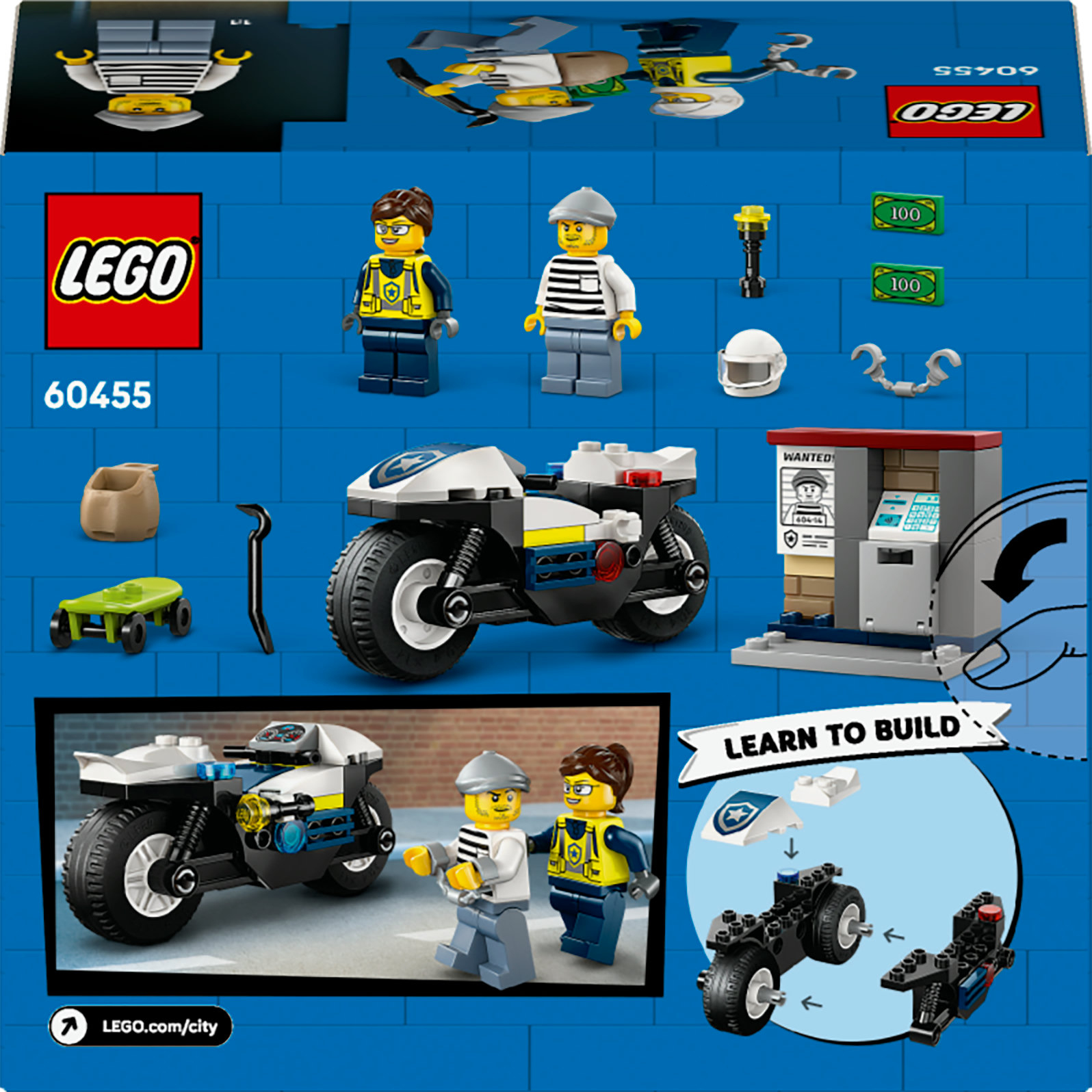 Retro della scatola Lego City che mostra i componenti del set, tra cui una moto della polizia, un bancomat e figure Lego.