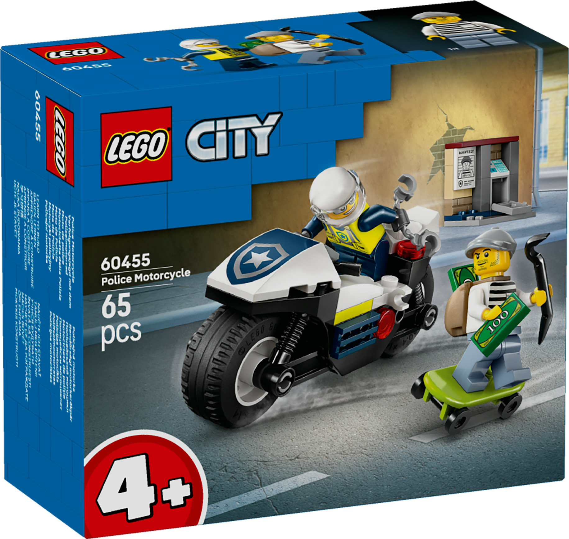 Scatola Lego City Moto della polizia con un poliziotto su una moto e un ladro su uno skateboard.