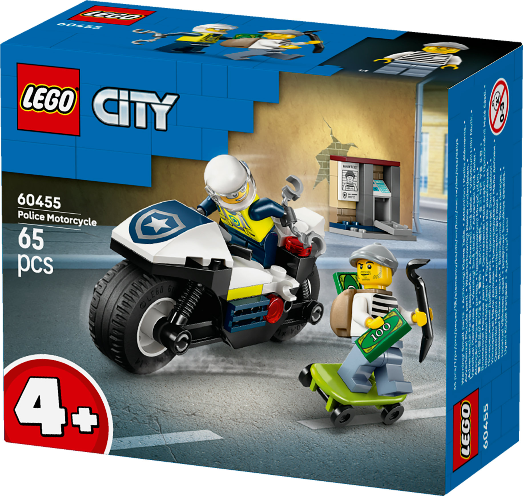 Scatola Lego City con un poliziotto su una moto e un ladro su uno skateboard vicino a un bancomat.