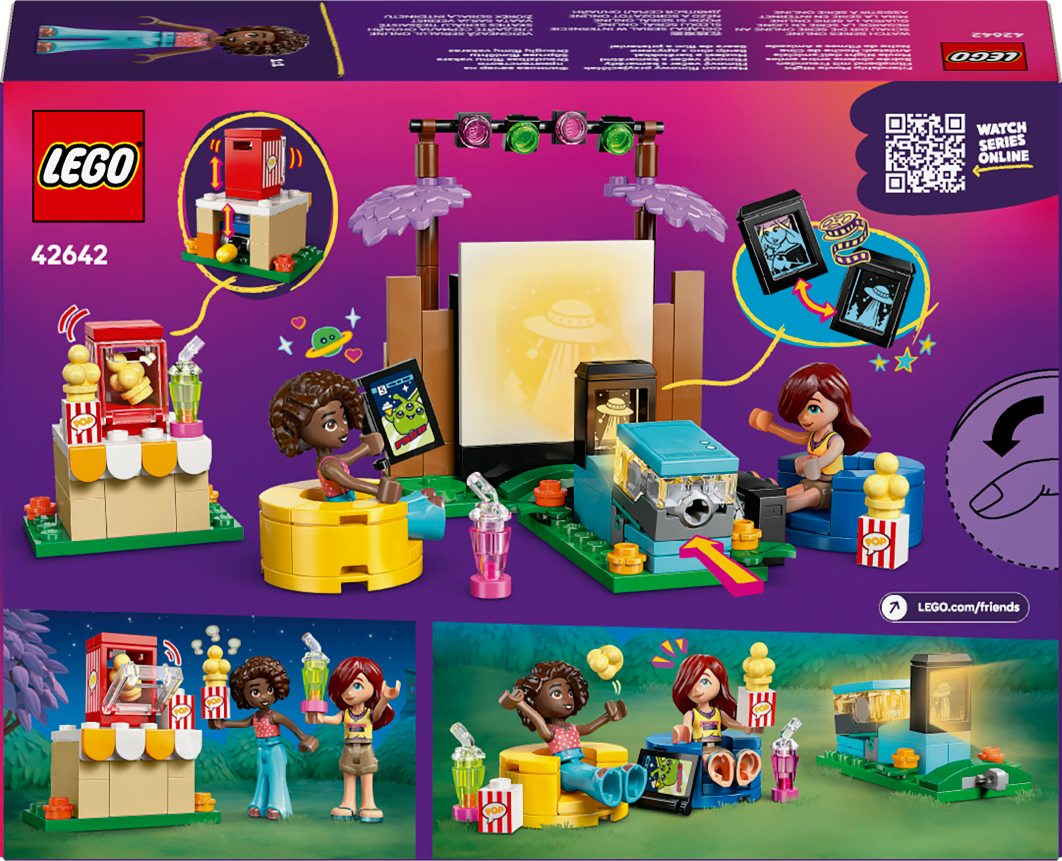 Pudełko Lego Friends ze sceną wieczoru filmowego, stoiskiem z popcornem, projektorem i mini-lalkami, na fioletowym tle.
