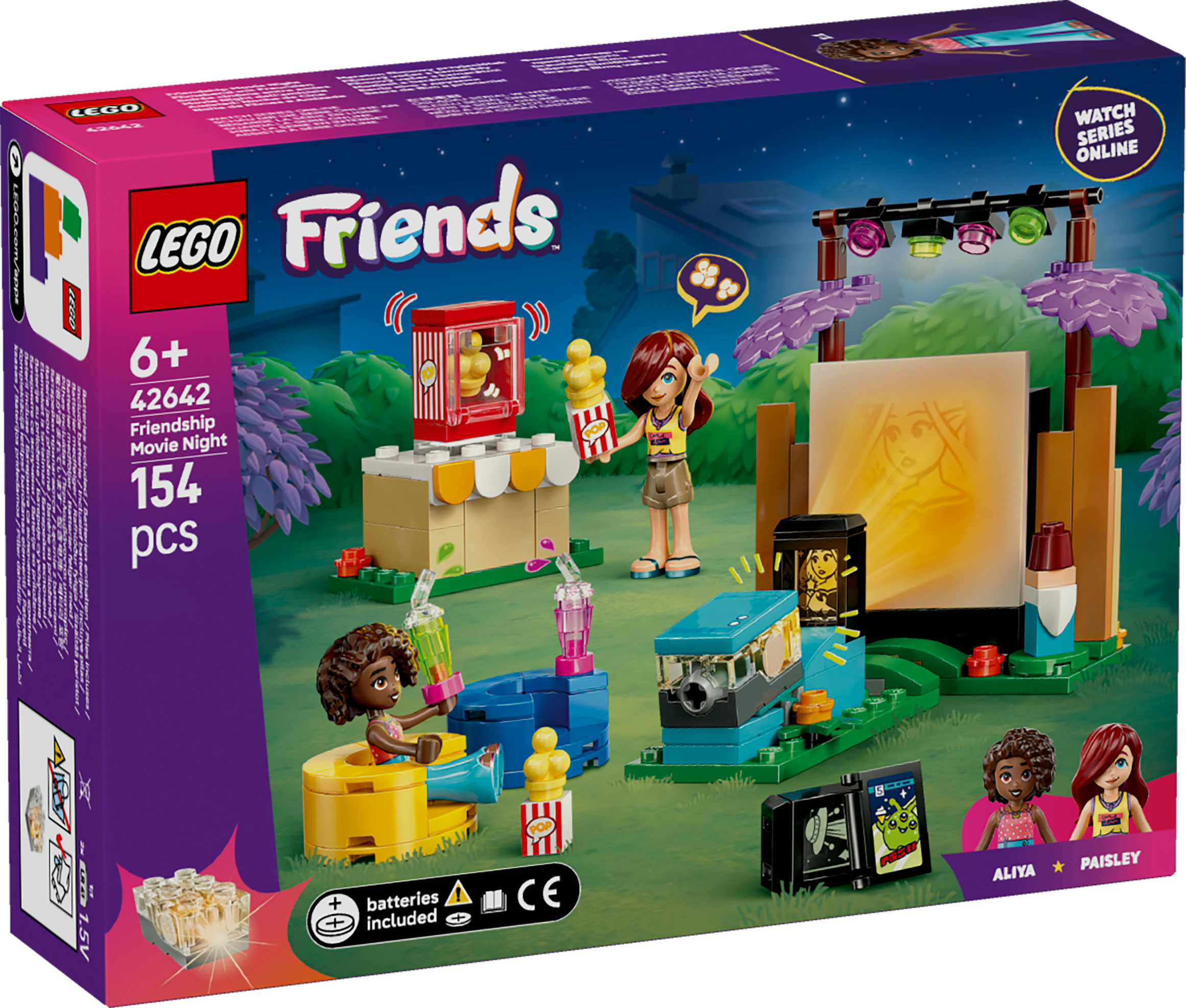 Pudełko Lego Friends ze sceną wieczoru filmowego, stoiskiem z popcornem, projektorem, mini-lalkami i tekstem "Friendship Movie Night".