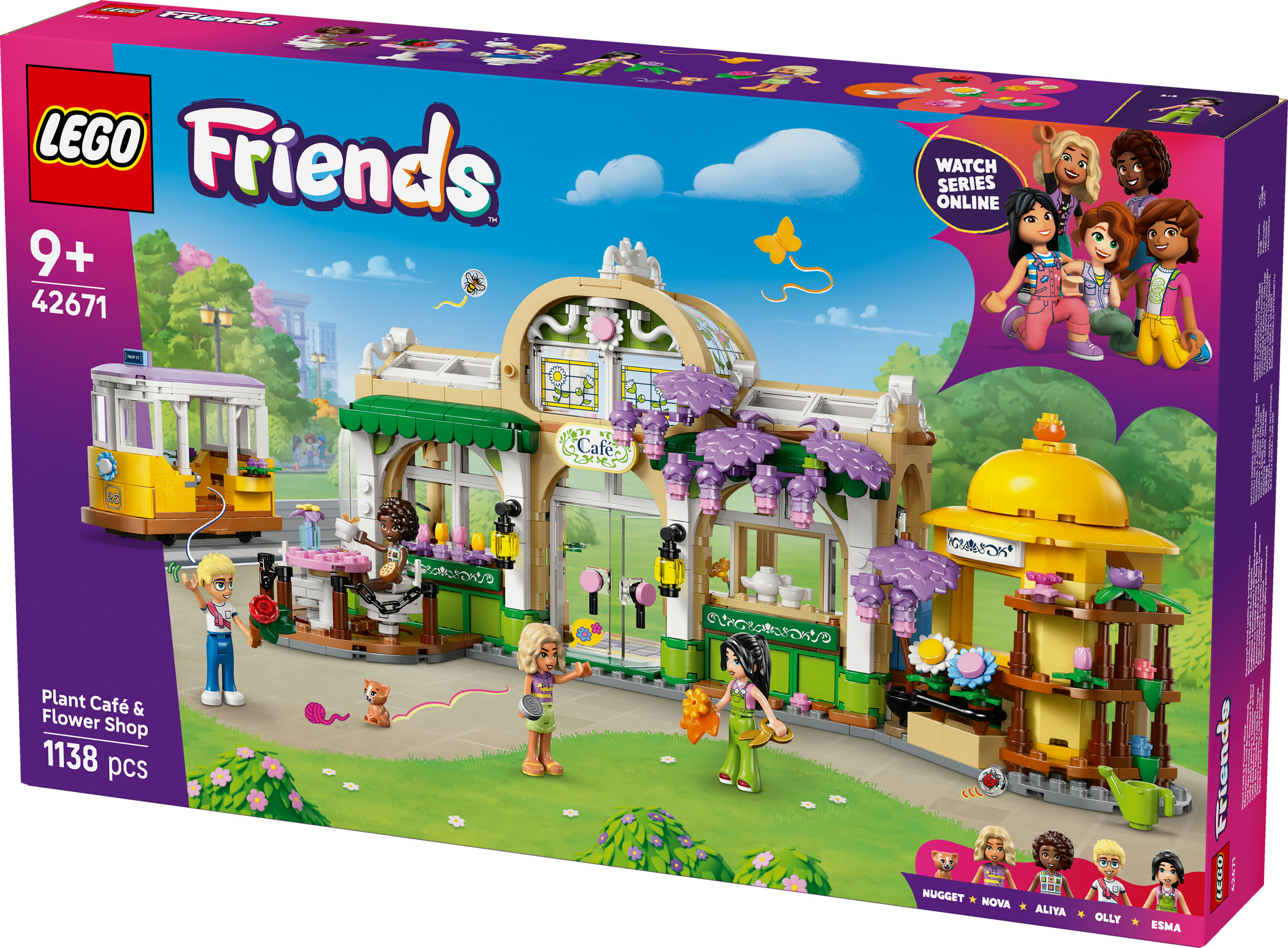 Pudełko Lego Friends Plant Café & Flower Shop, zawierające postacie i szczegółowy zestaw konstrukcyjny.