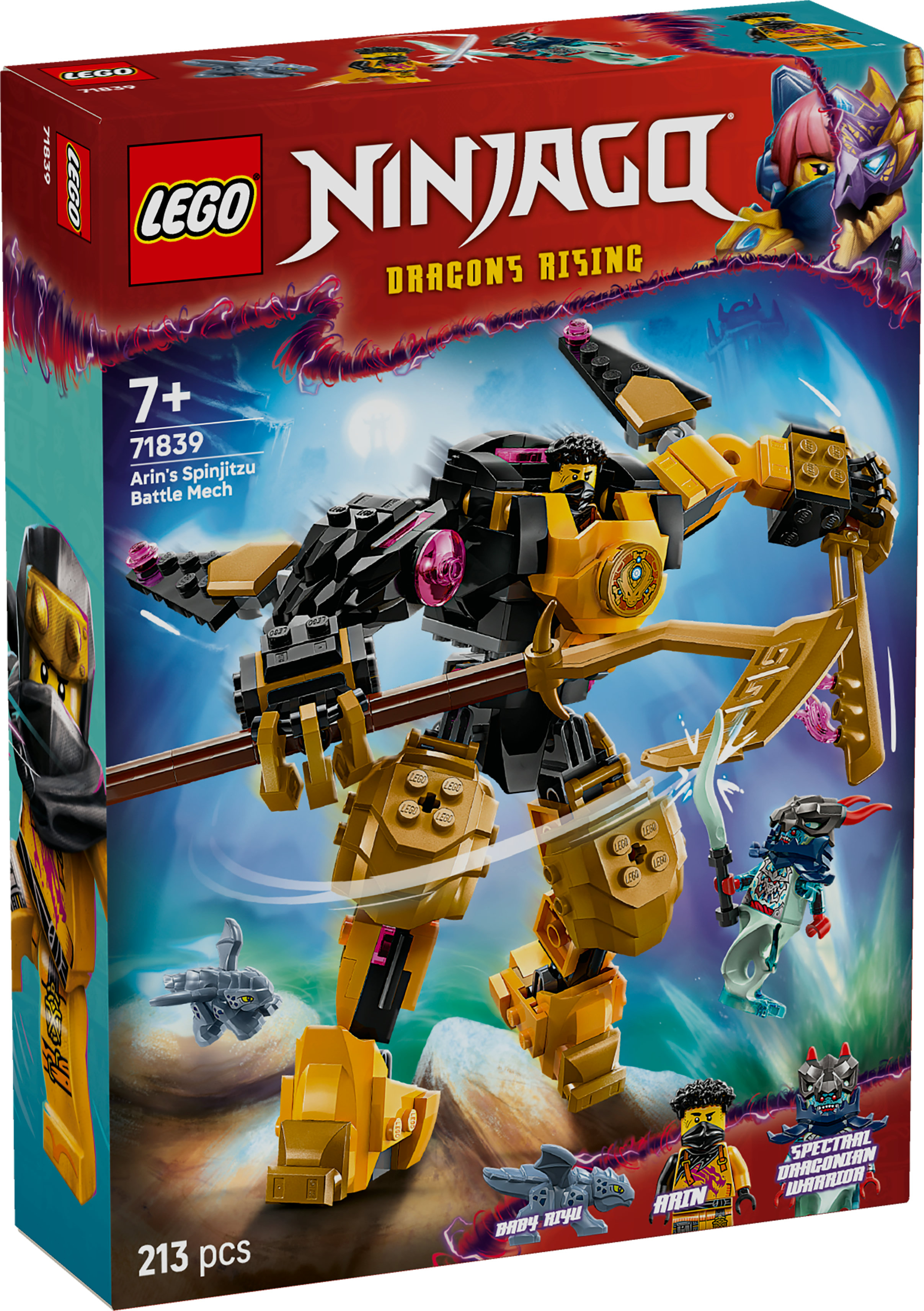 Pudełko z zestawem Lego Ninjago Arin's Battle Mech, przedstawiające złotego i czarnego robota z bronią.