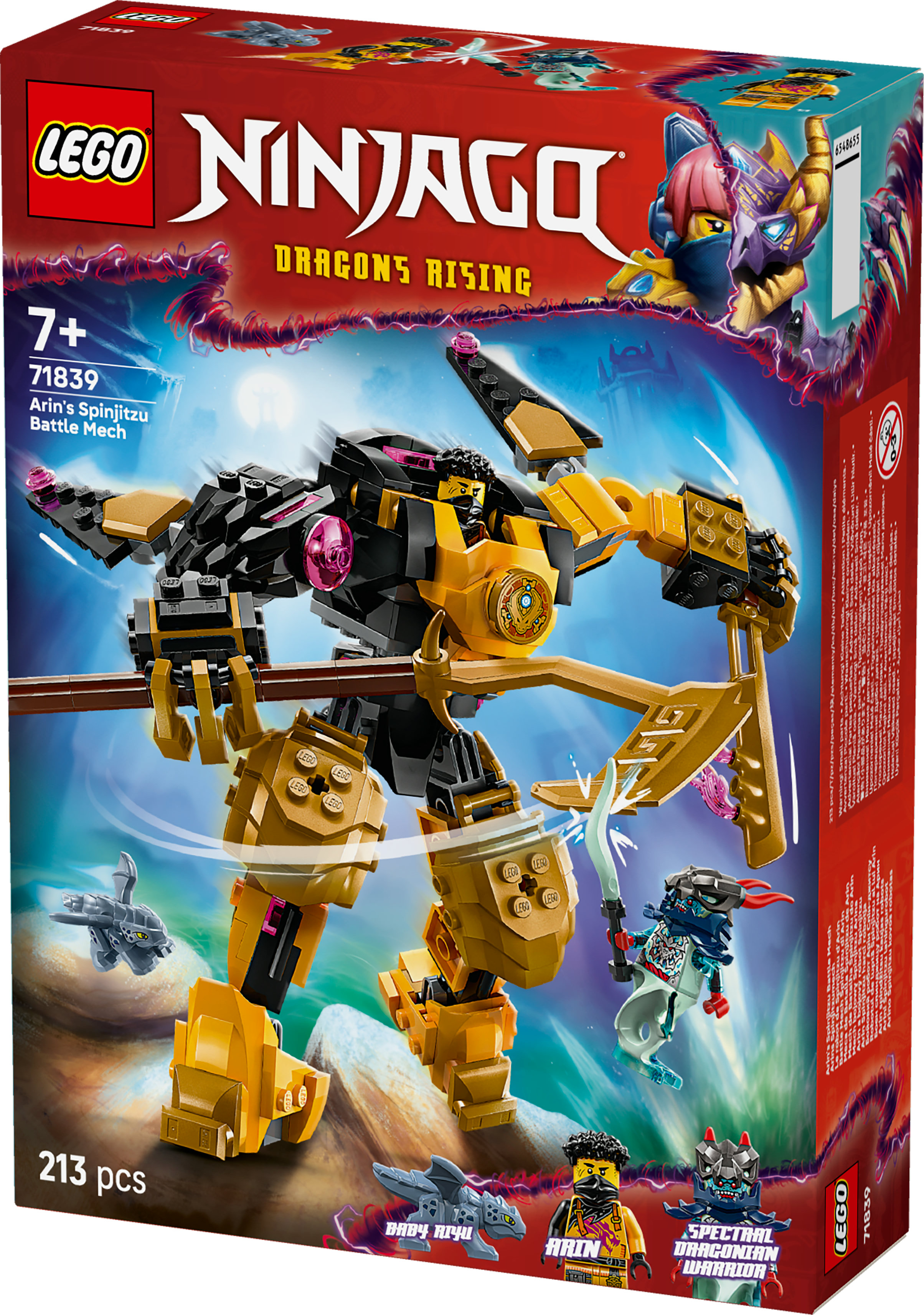 Pudełko z zestawem Lego Ninjago Arin's Spinjitzu Battle Mech przedstawiające złotego i czarnego robota.