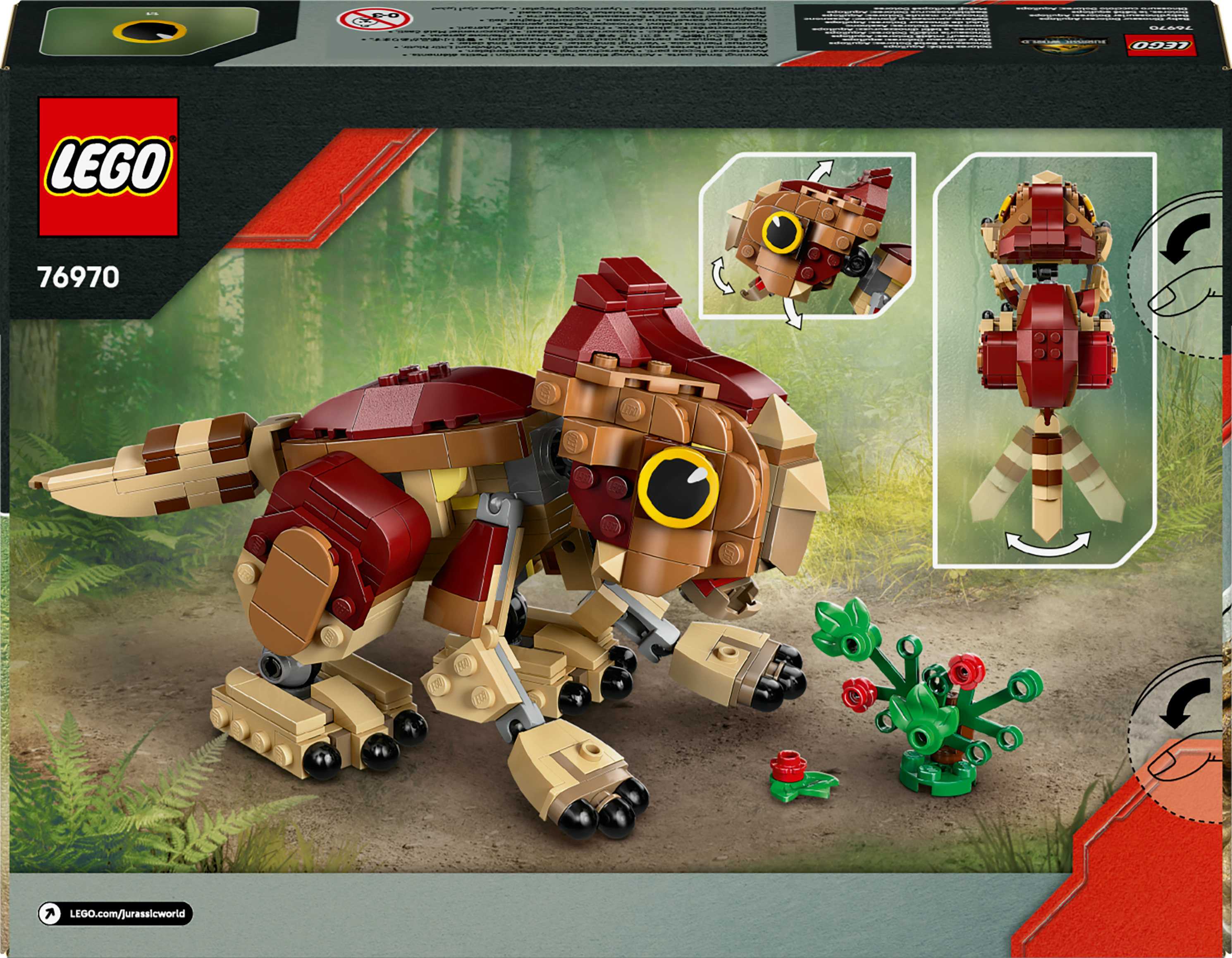 Arte de la caja de Lego: Bebé dinosaurio Dolores, Aquilops. Dino marrón, rojo y tostado con un arbusto.