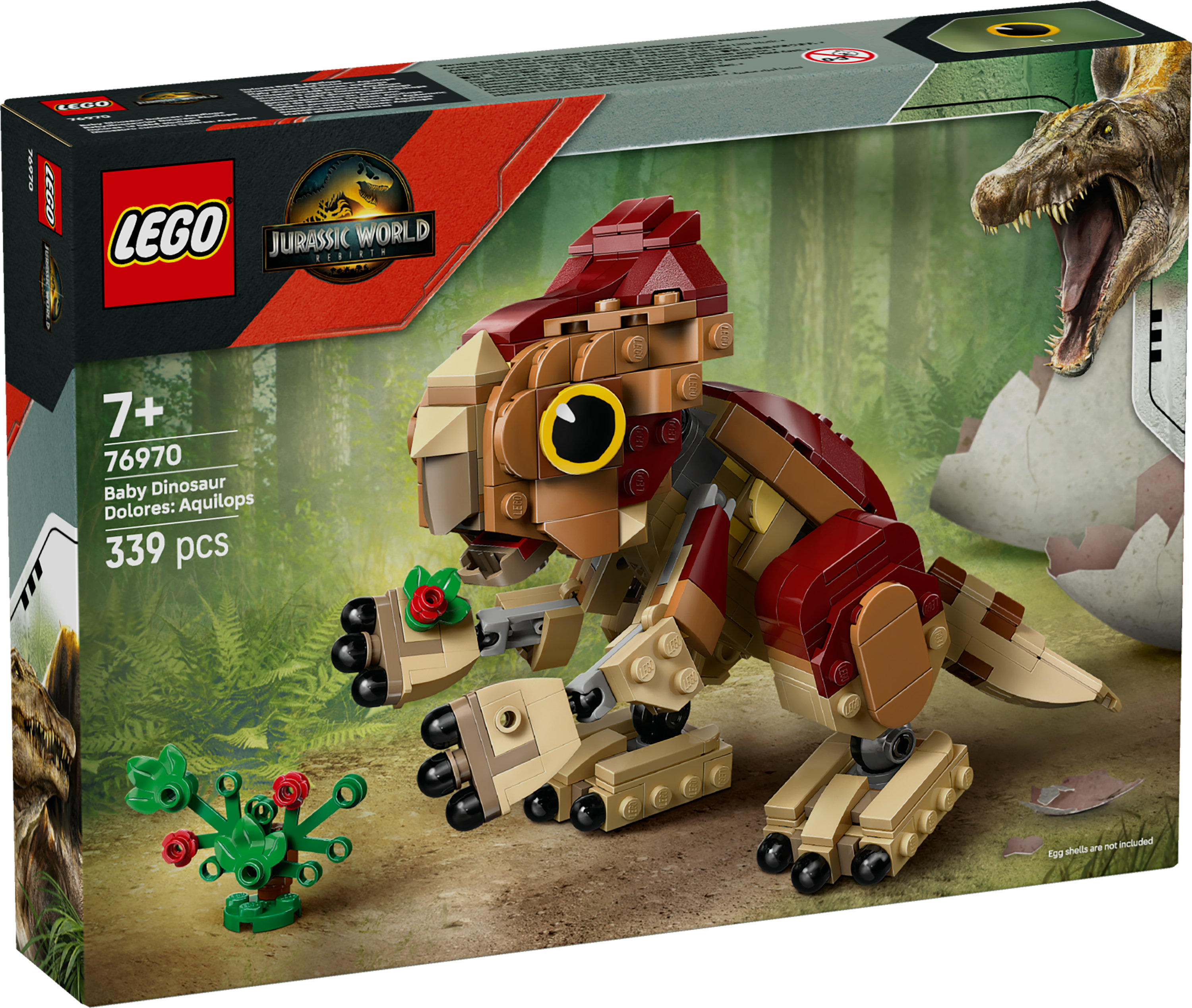 Pudełko Lego Jurassic World: Mały dinozaur Dolores, Aquilops. Brązowy, czerwony, beżowy dino z krzakiem.