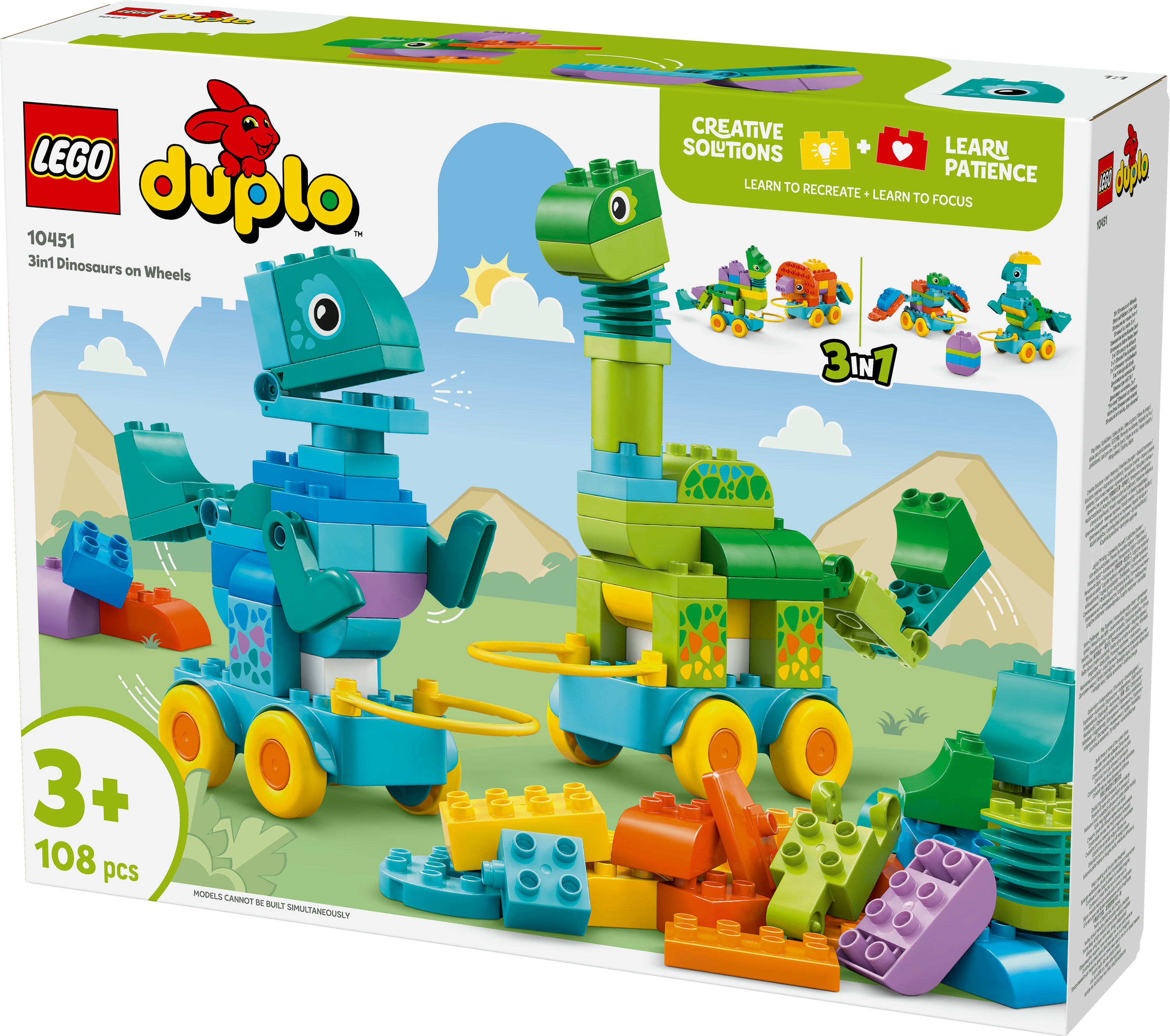 Pudełko Lego Duplo 3w1 Dinozaury na kółkach, z dwoma modelami dinozaurów.