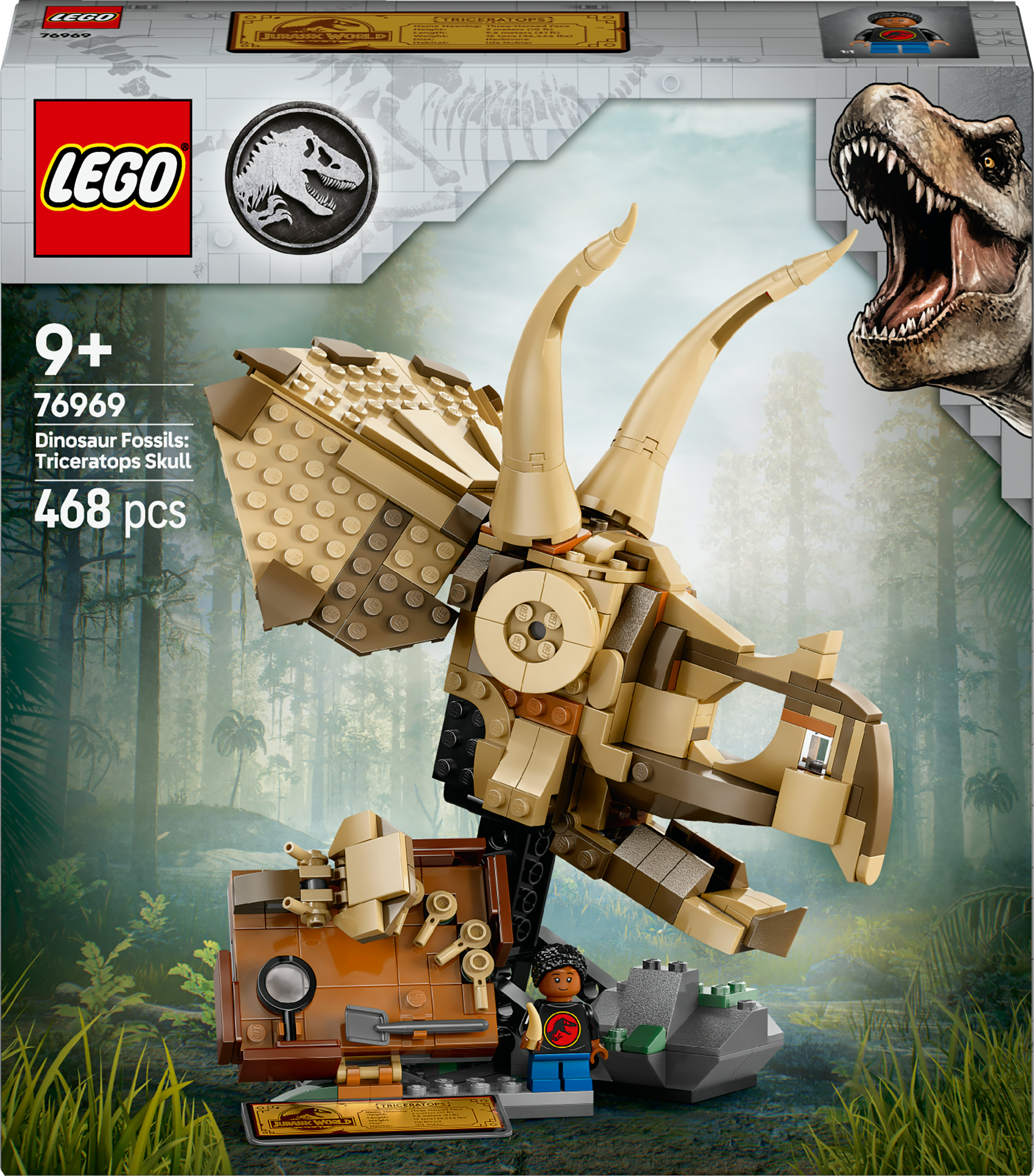 Set LEGO de un fósil de cráneo de Triceratops. Incluye una minifigura y una pequeña pantalla con lupa.