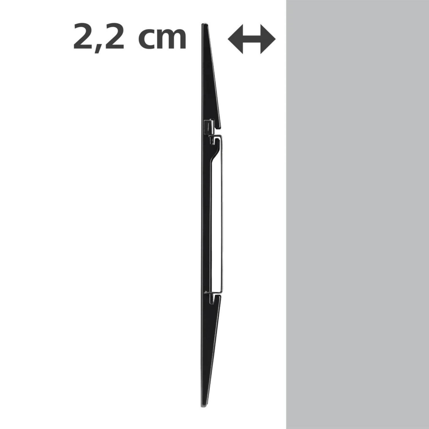Das Seitenprofil eines schwarzen Objekts neben einer grauen Oberfläche. 2,2 cm sind angegeben.