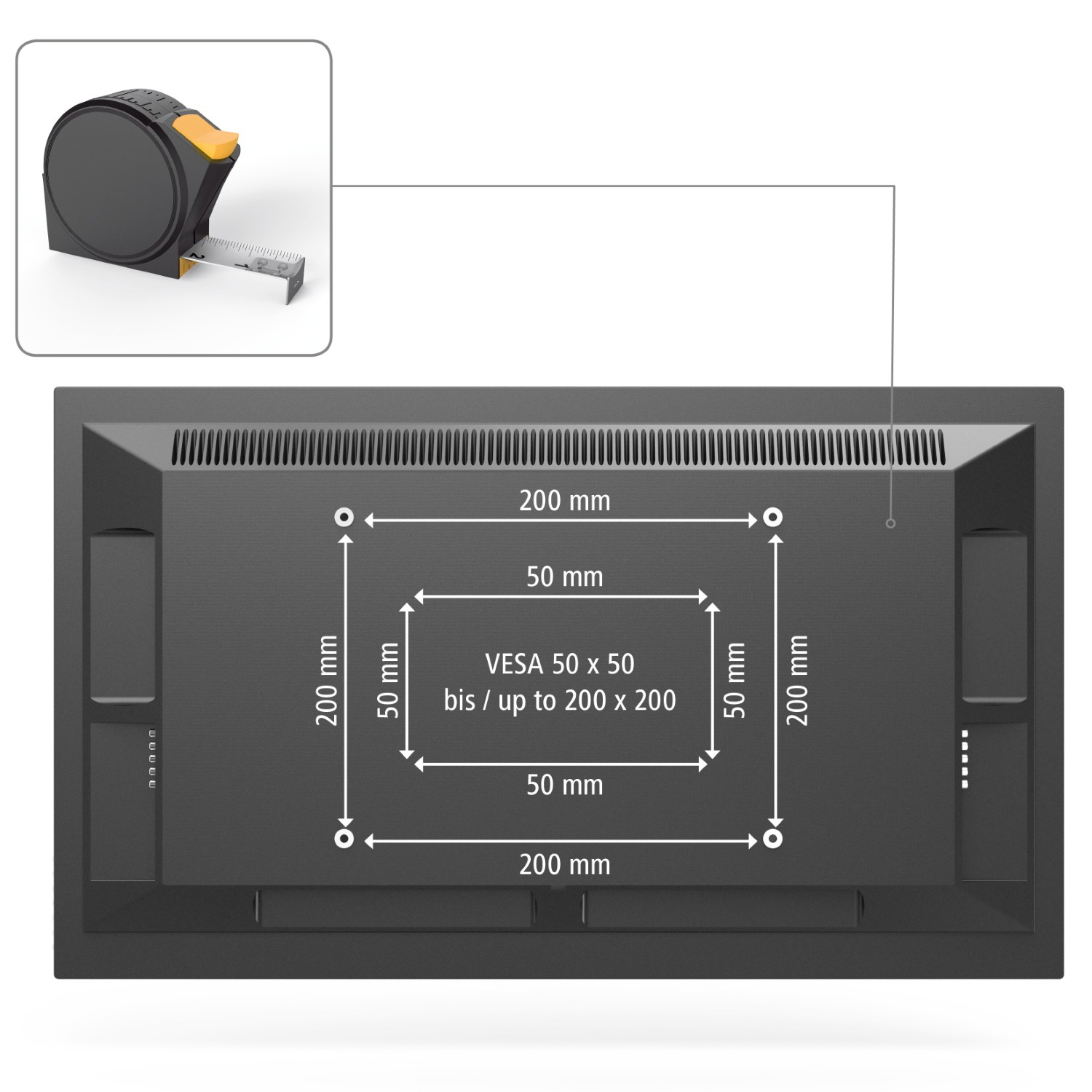 Eine TV-Rückseite mit Abmessungen der VESA-Halterung und einem Maßband.