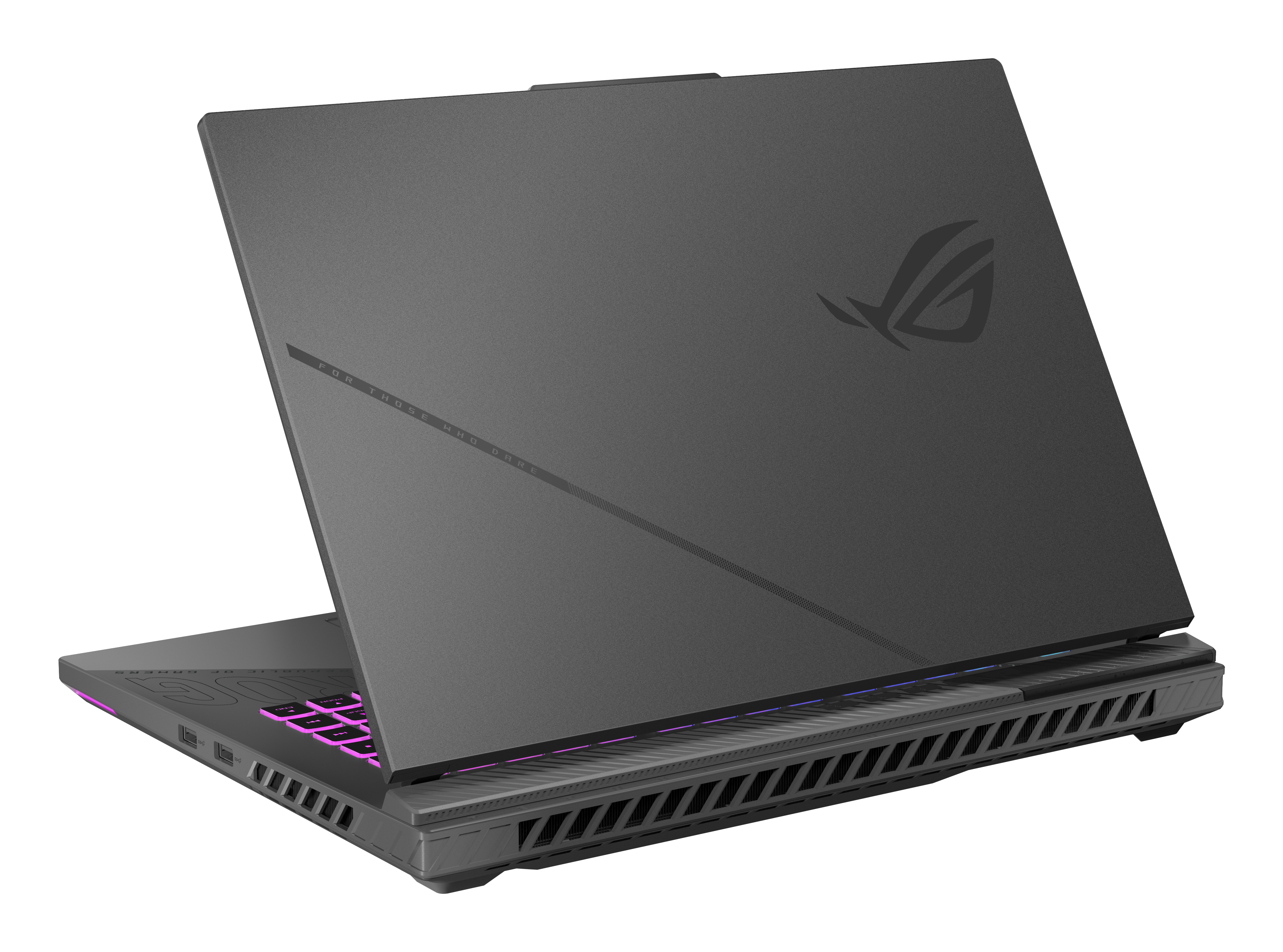 Een grijze laptop, lichtjes open, met toetsenbord en logo.