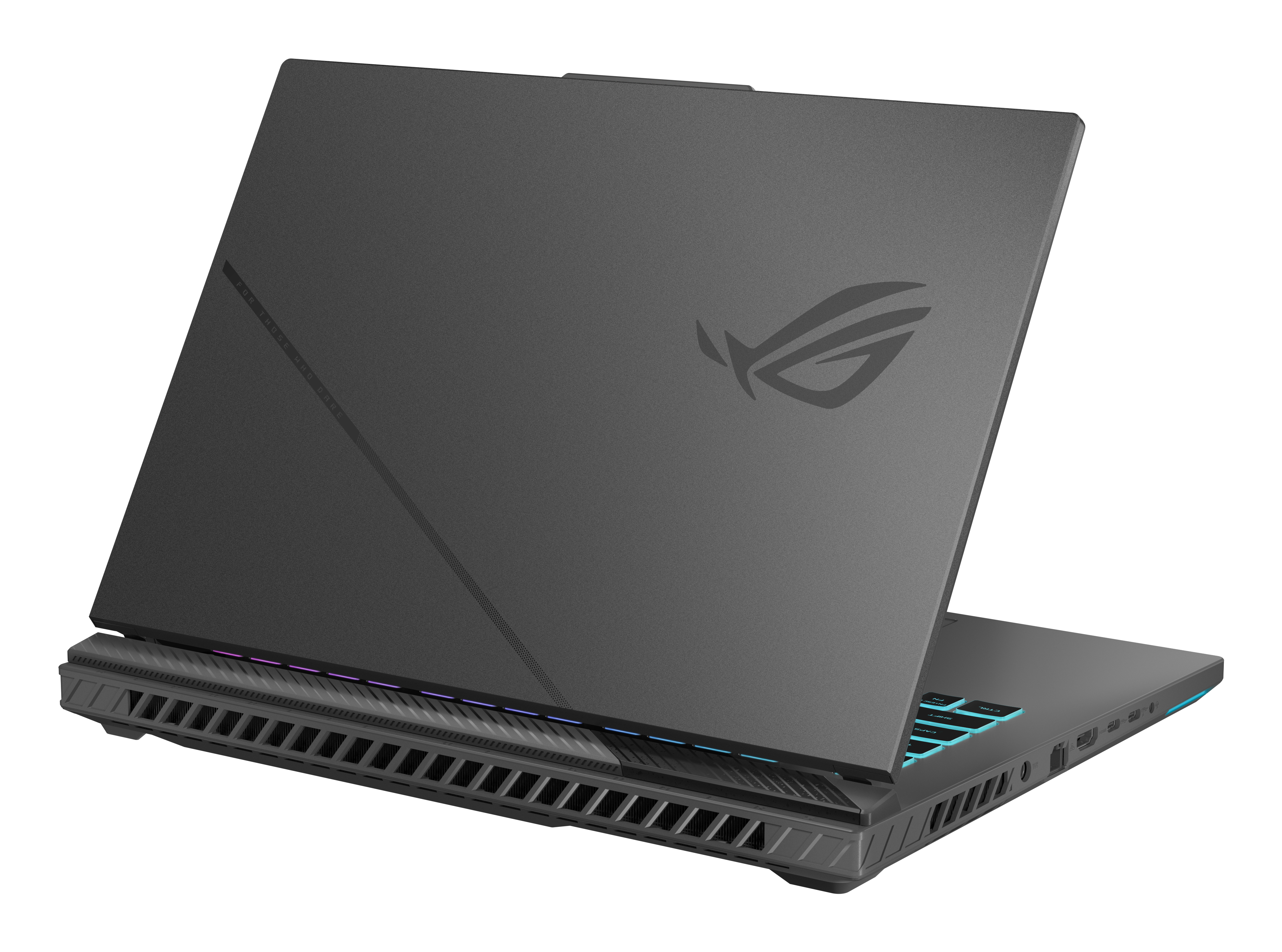 Schuine weergave van een grijze laptop met een oplichtend logo op de klep. Het scherm staat iets open.