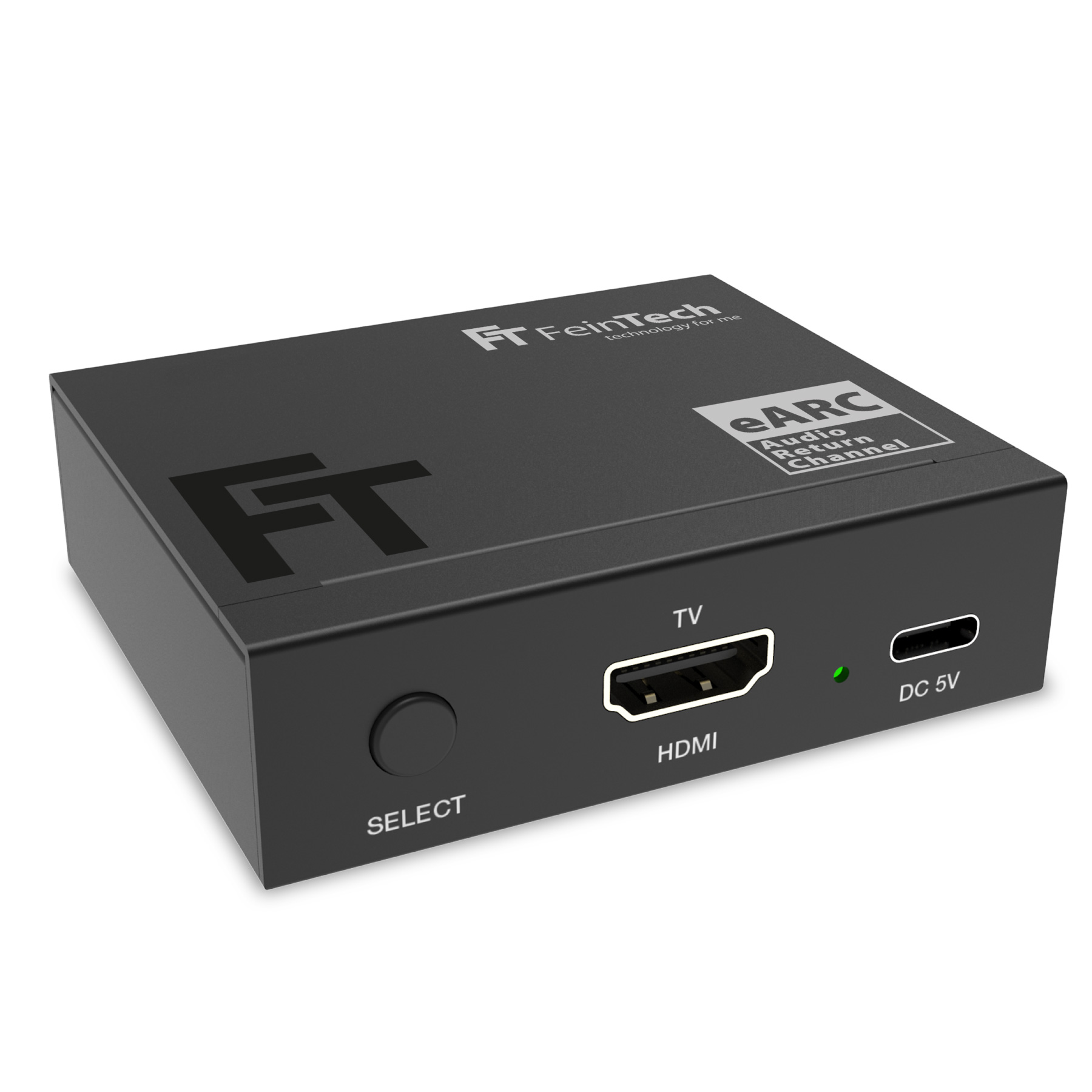 Eine kleine, schwarze FeinTech-Box mit Anschlüssen und Anzeigen steht auf einer weißen Oberfläche.