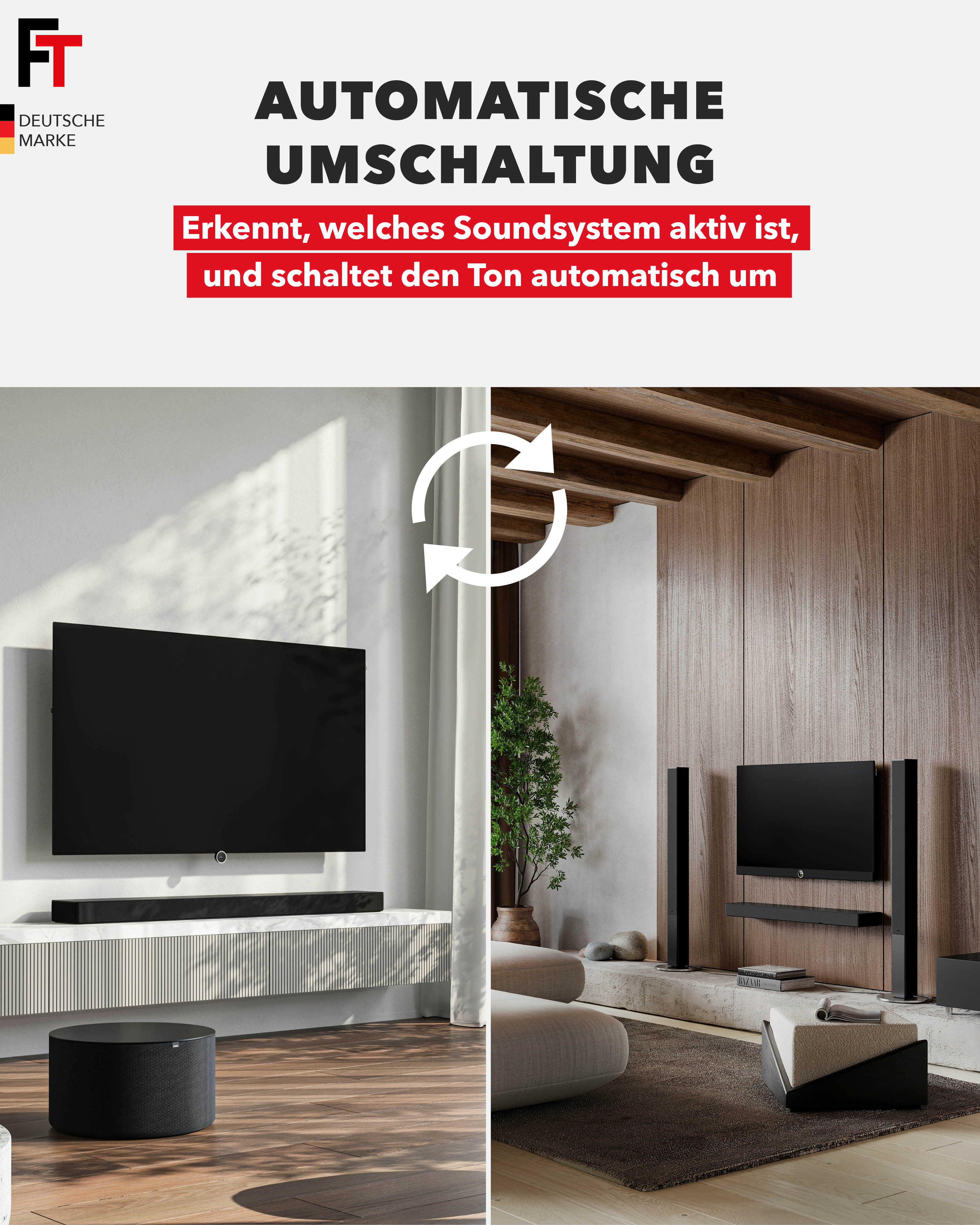 Geteiltes Bild, das TV- und Soundbar-Setups in verschiedenen Raumeinstellungen zeigt und die automatische Umschaltung hervorhebt.