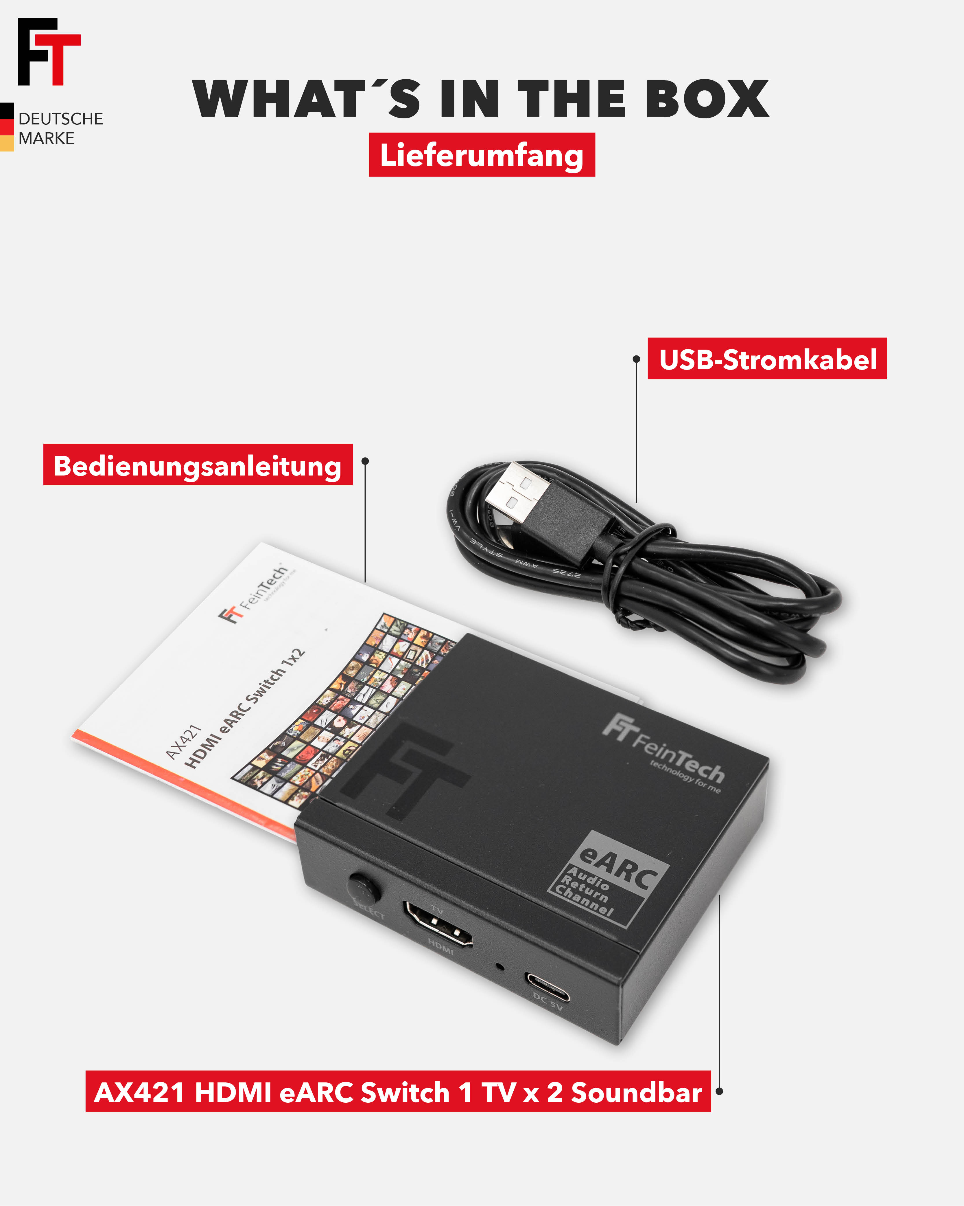 Das Bild zeigt den Inhalt der Box: HDMI eARC Switch, USB-Kabel und Handbuch.