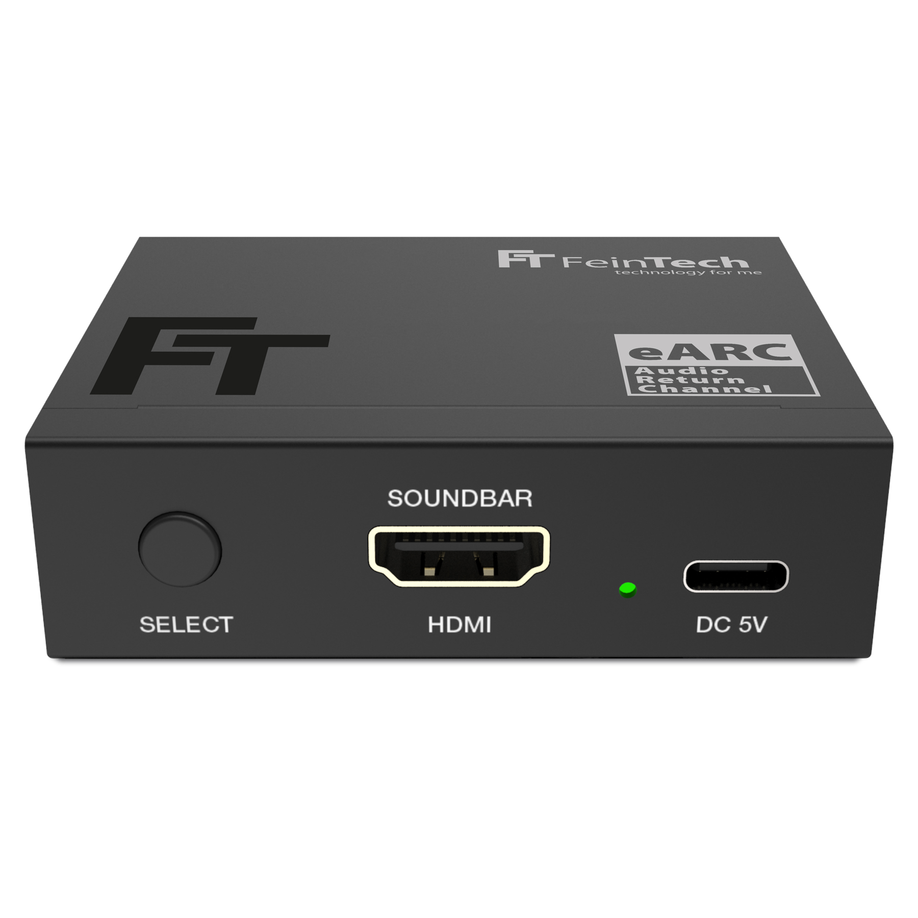Eine schwarze FeinTech-Box mit den Aufdrucken 'SOUNDBAR HDMI' und 'SELECT' auf der Vorderseite.