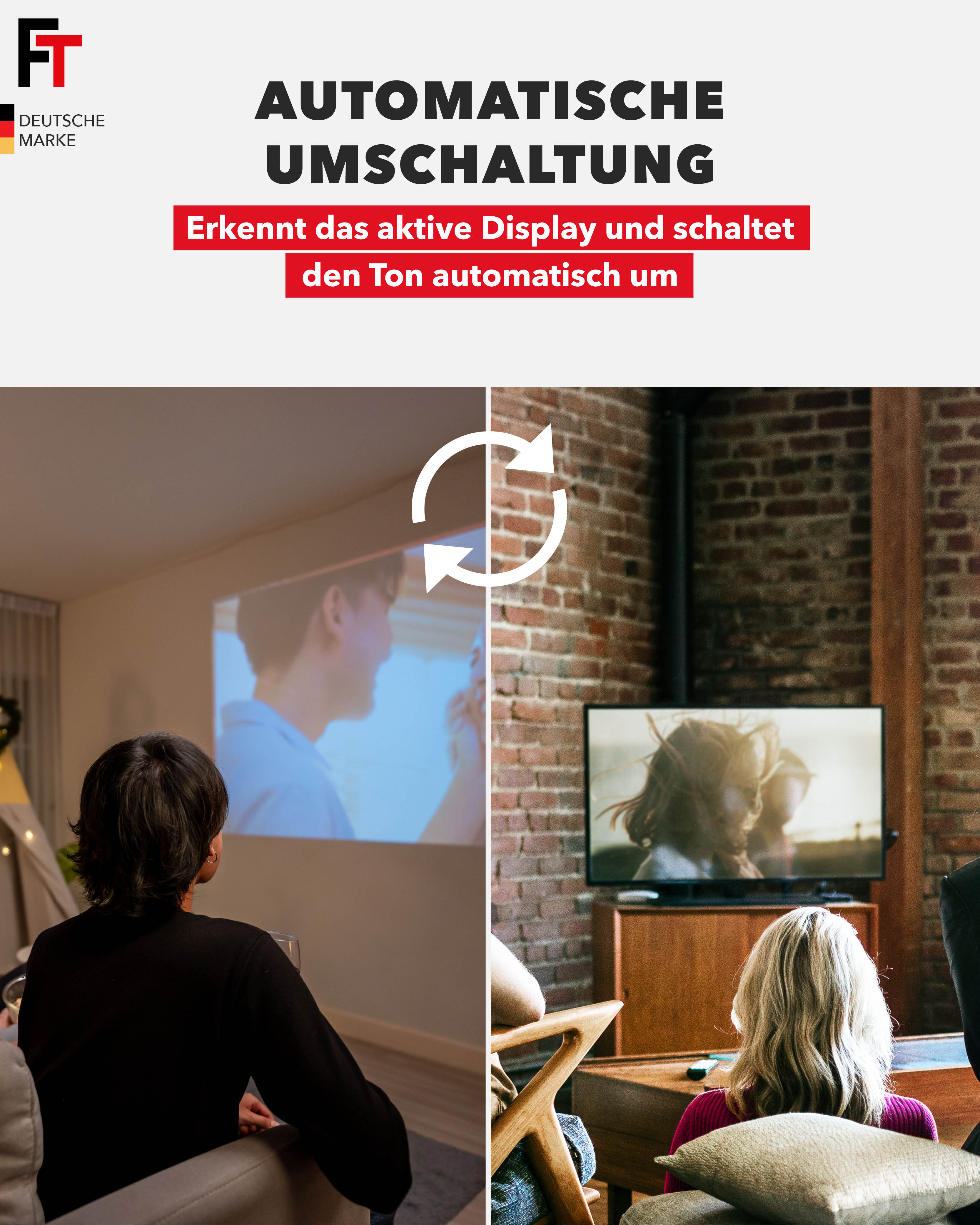 Das Bild zeigt das automatische Umschalten zwischen einem Projektor und einem Fernseher in verschiedenen Raumeinstellungen.