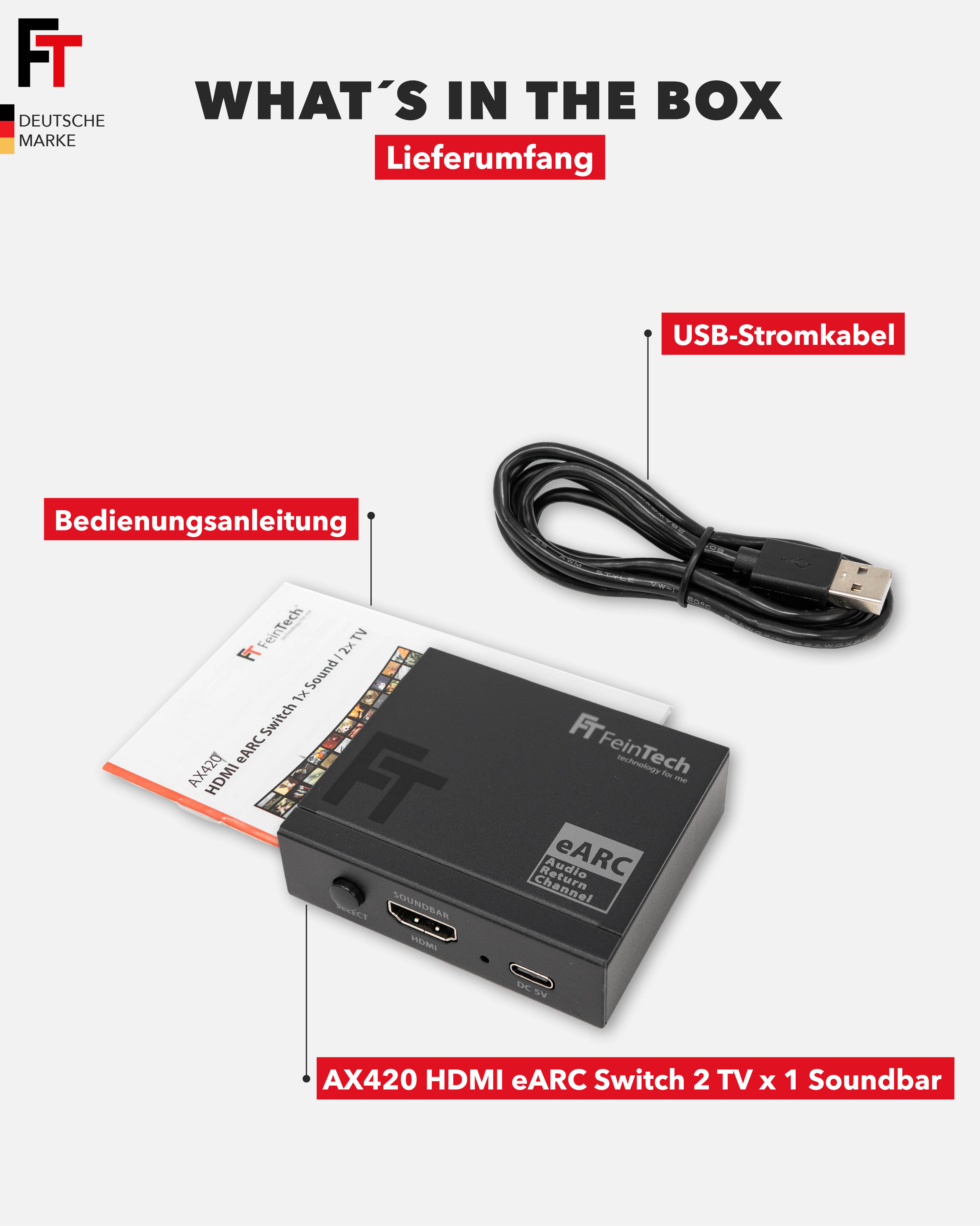 Das Bild zeigt HDMI eARC Switch, USB-Kabel und Handbuch im Produktkarton.