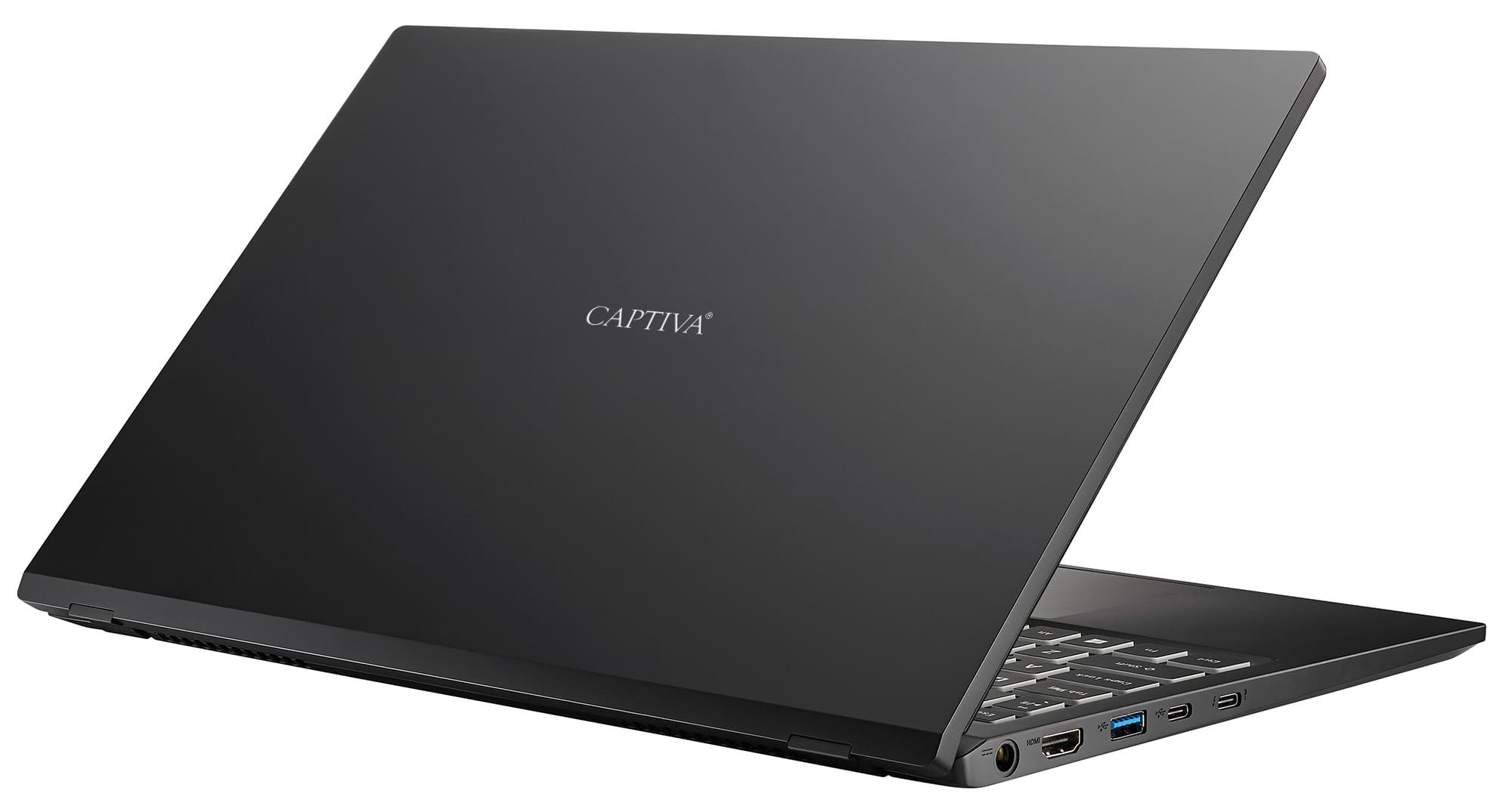 Ein geschlossener, schwarzer Laptop mit dem Markennamen 'CAPTIVA' in silberner Schrift auf der Rückseite.