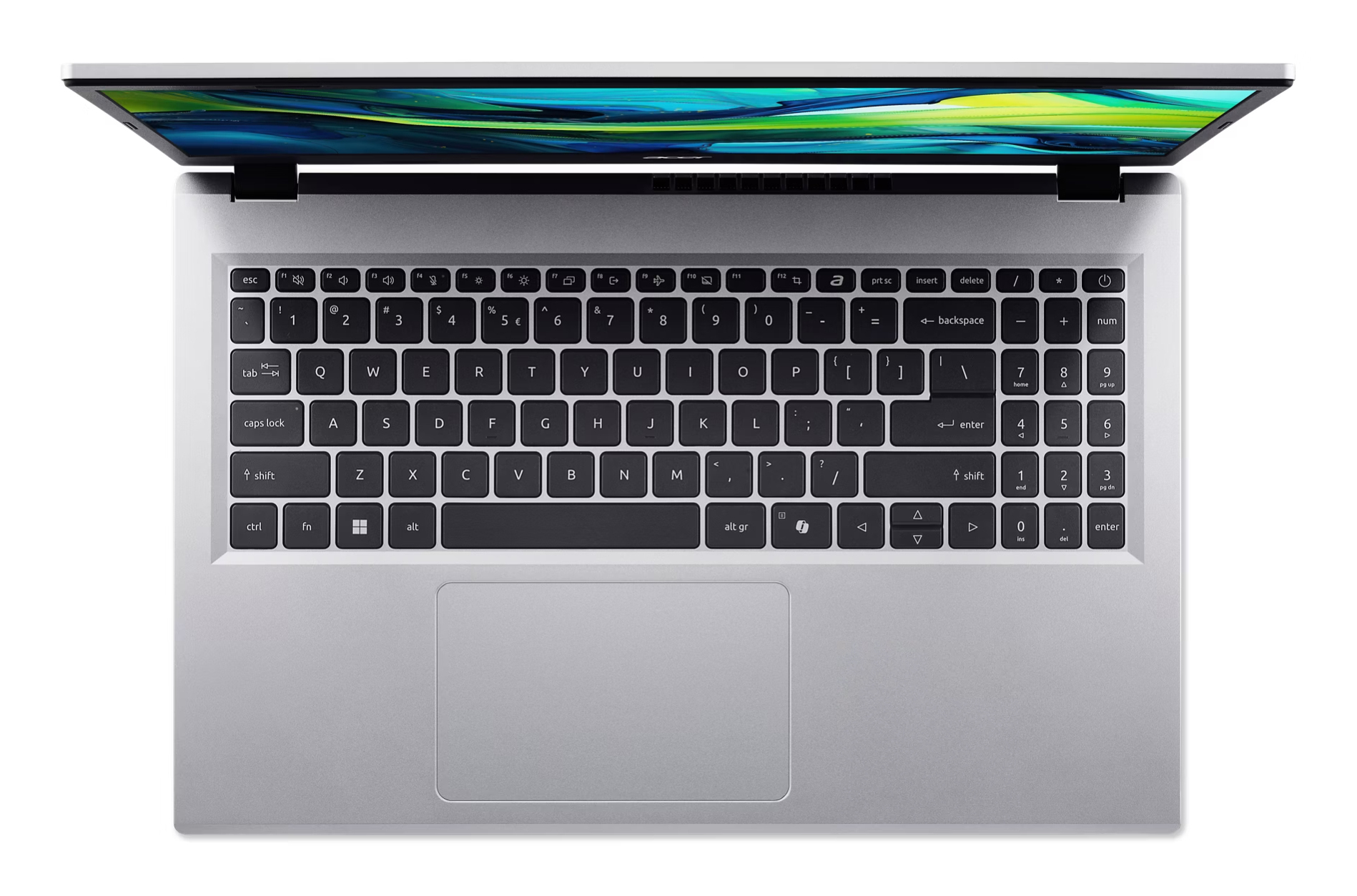 Un laptop argentato è aperto, mostrando la sua tastiera e uno schermo parzialmente visibile con un display colorato.
