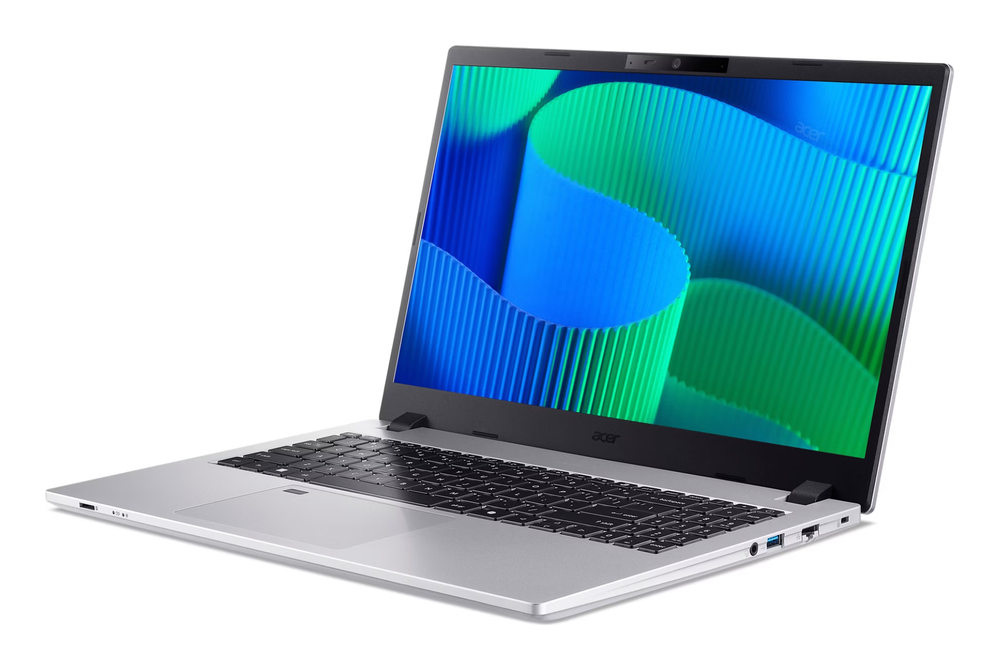 Un laptop argentato è angolato con un design astratto e colorato visualizzato sullo schermo.