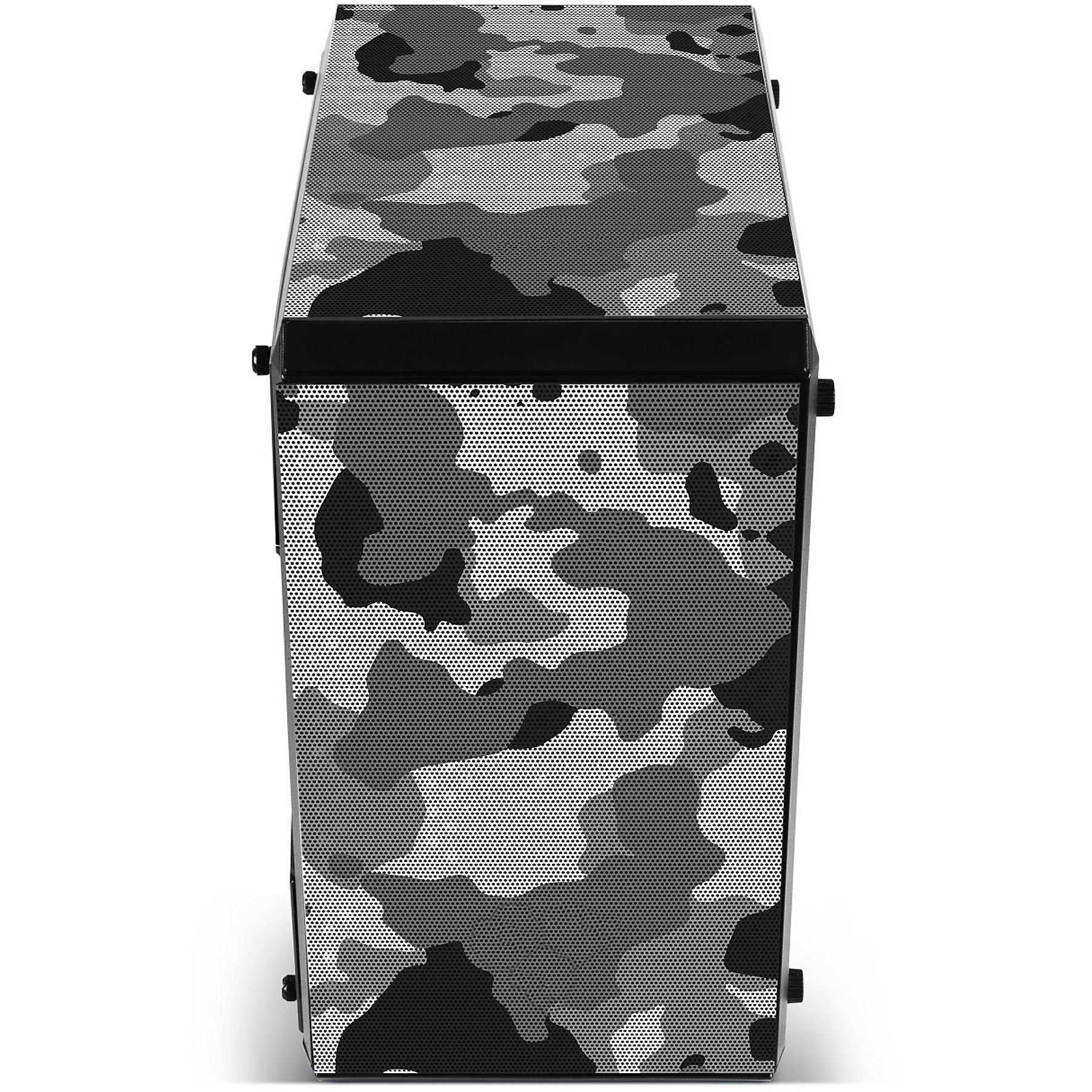 Obudowa komputera z czarno-białym wzorem kamuflażu. Przód ma konstrukcję z siatki.