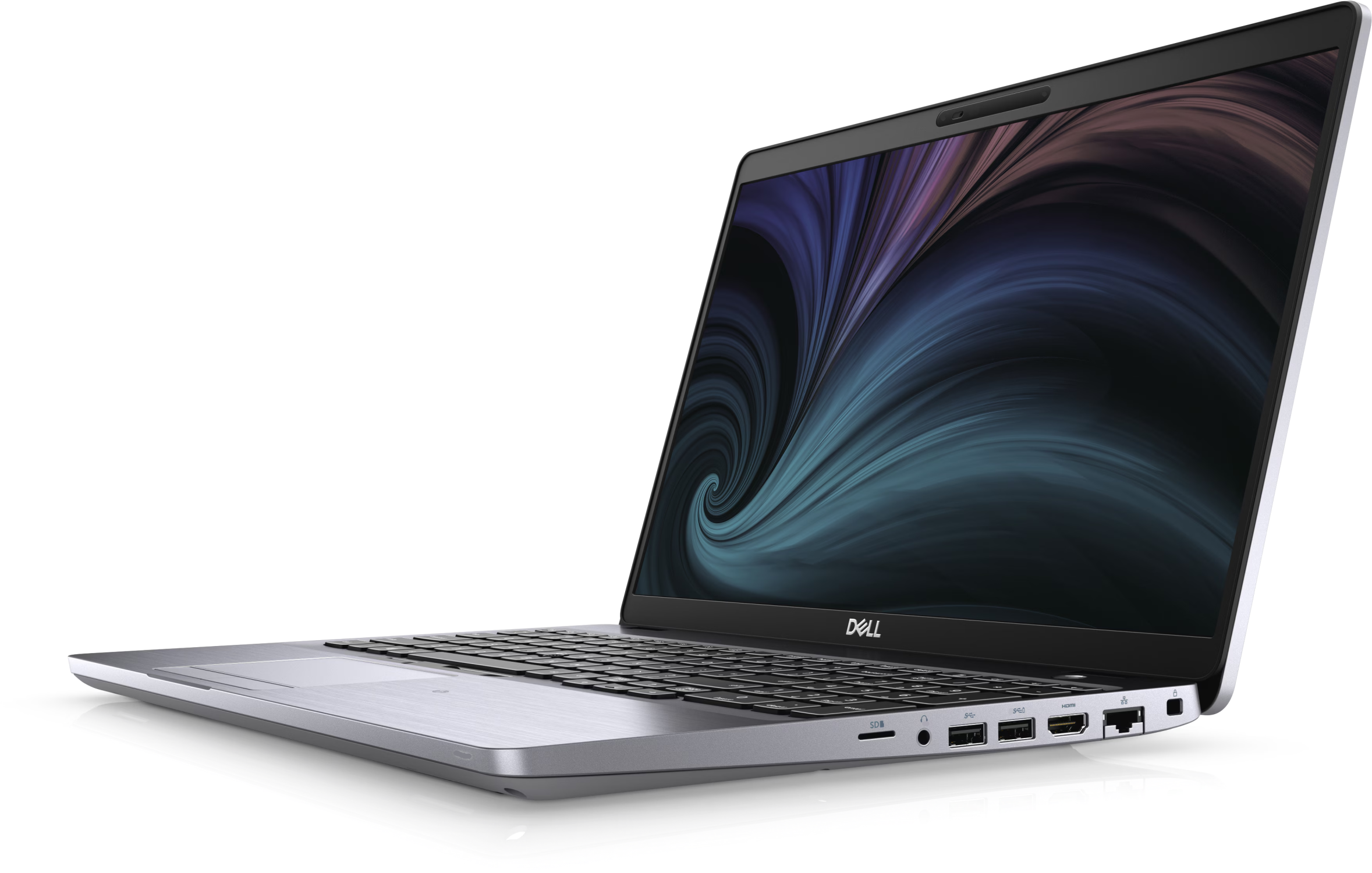 Silberner Laptop, nach links abgewinkelt, zeigt eine wirbelnde blaue und graue Grafik auf dem Bildschirm.