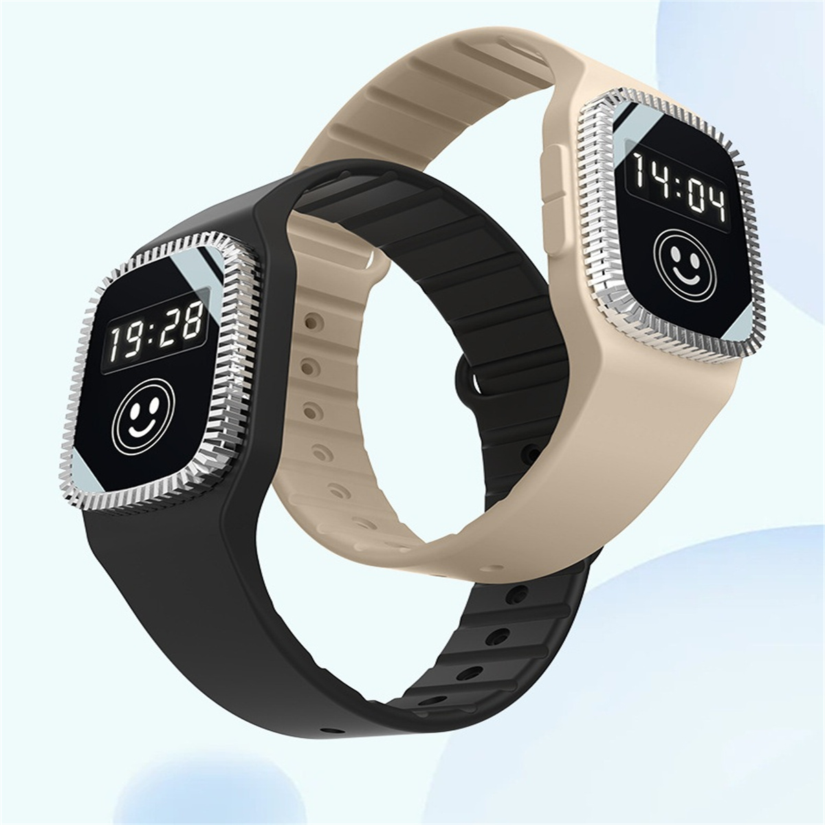 Zwei ineinander verschlungene Digitaluhren, eine schwarze mit der Anzeige "19:28" und eine beige mit der Anzeige "14:04", beide mit Smileys.