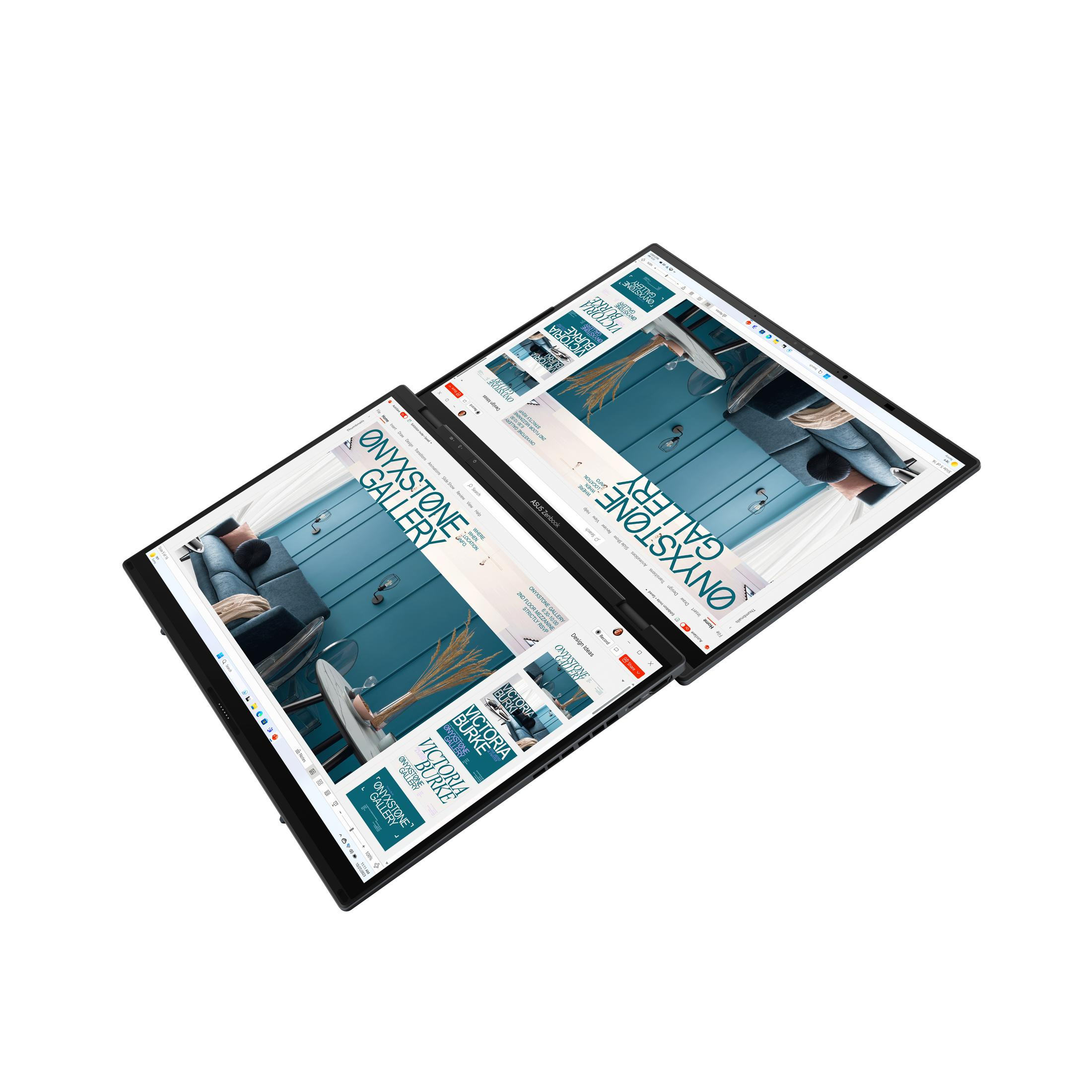 Offenes schwarzes ASUS Zenbook Fold mit zwei Bildschirmen, die eine Galerie-Webseite anzeigen.