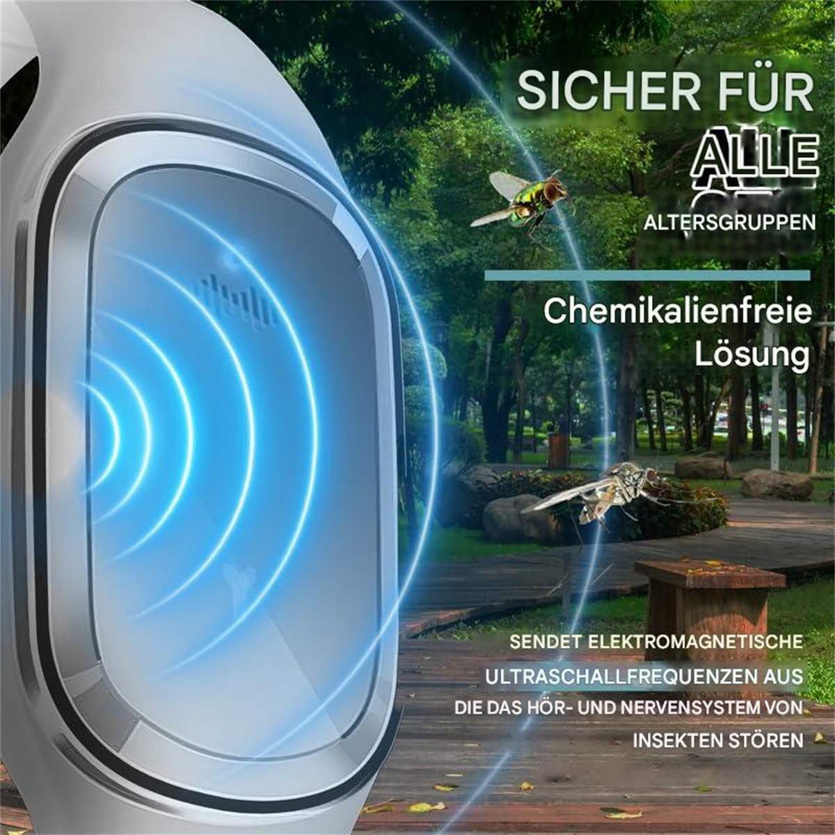 Mückenabwehrarmband-Werbung, die Insekten zeigt, die von einer Person wegfliegen.