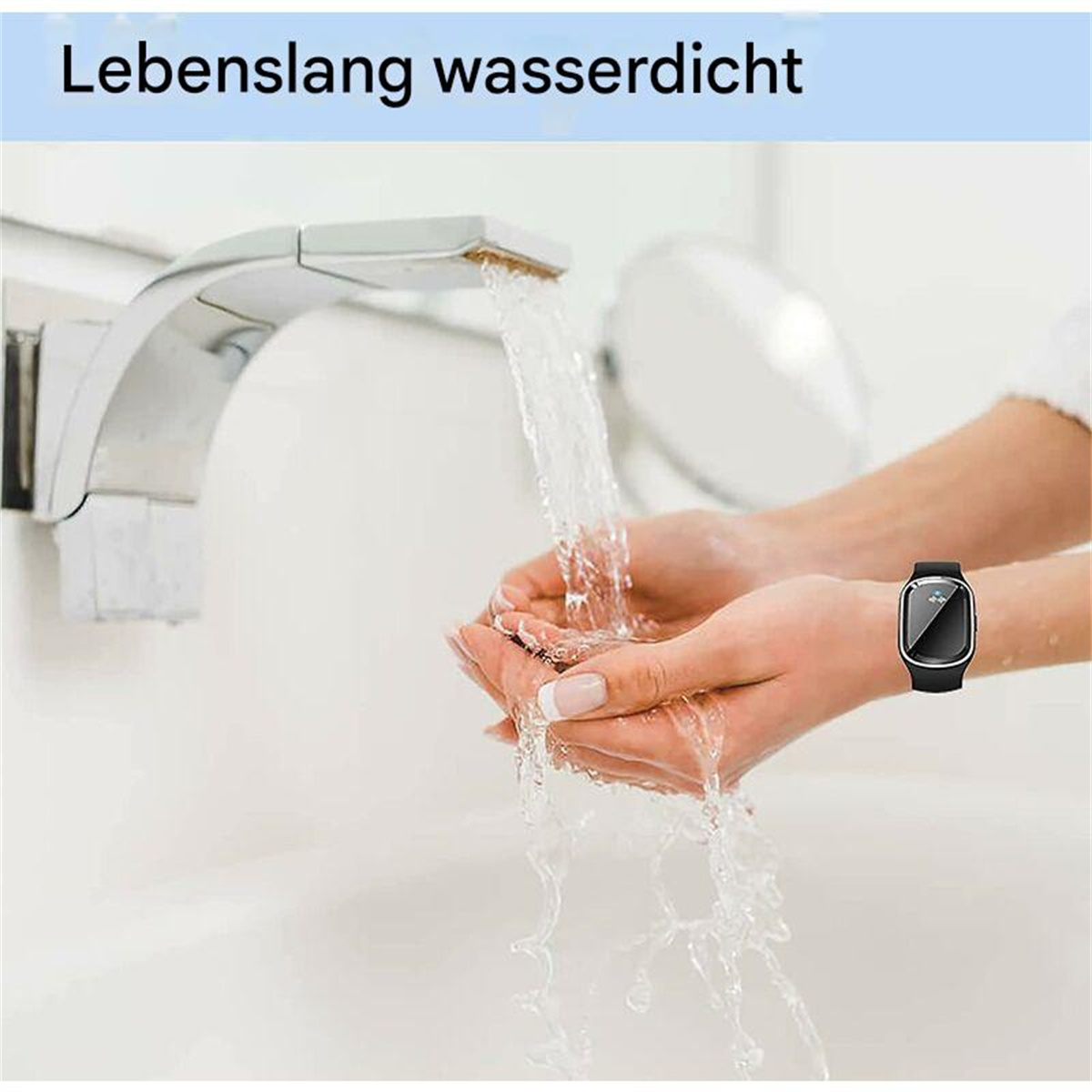 Eine Frau wäscht sich unter fließendem Wasser die Hände und trägt ein Mückenabwehrarmband.
