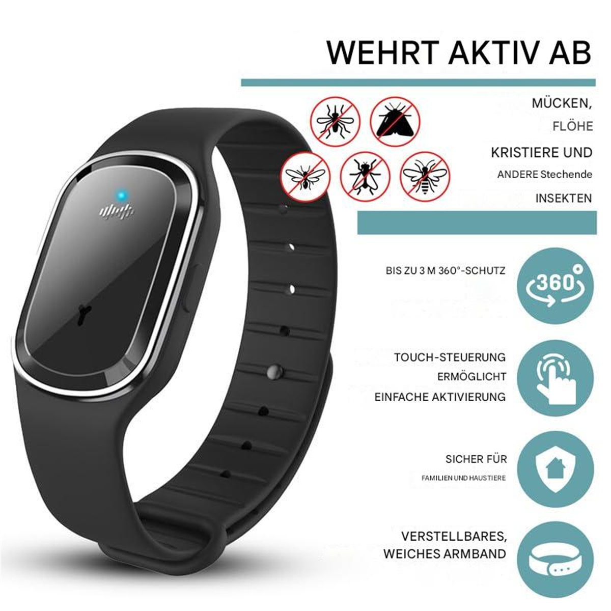 Nahaufnahme eines schwarzen Mückenabwehrarmbandes mit Text und Symbolen drumherum.