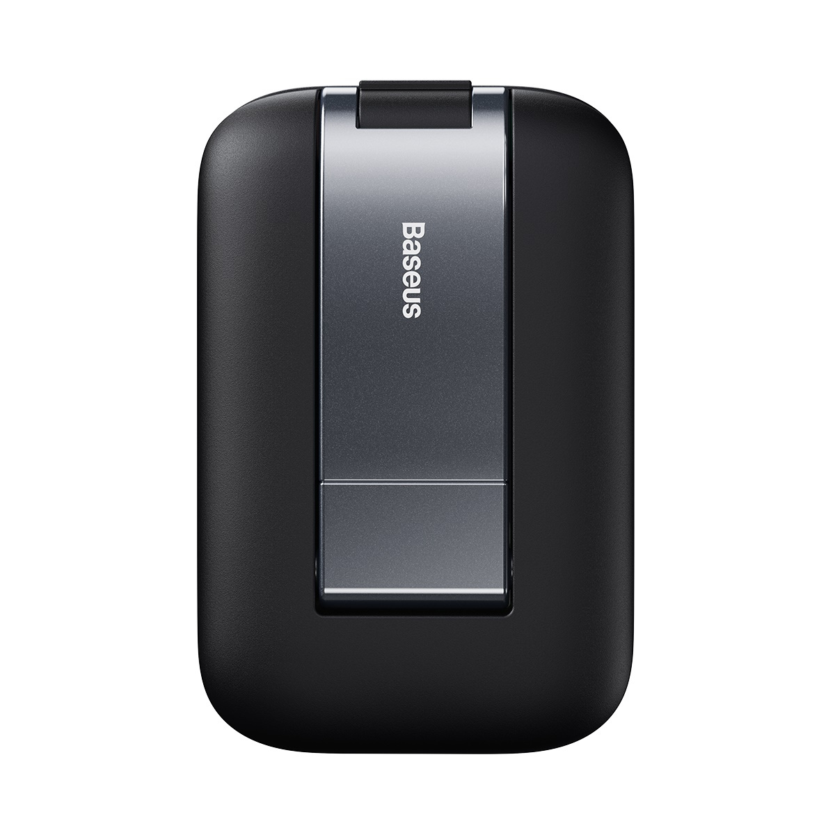 Czarny, składany stojak na telefon jest pokazany na białym tle. Jest w złożonej, kompaktowej formie.