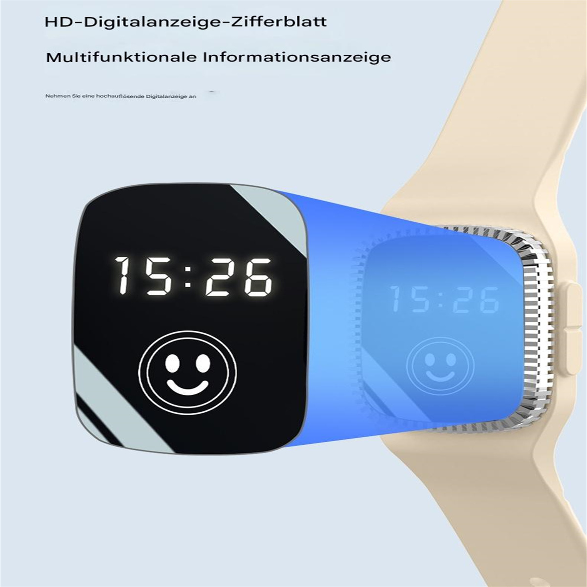 Eine Smartwatch mit digitaler Anzeige, die 15:26 und ein Smiley-Gesichtssymbol anzeigt.