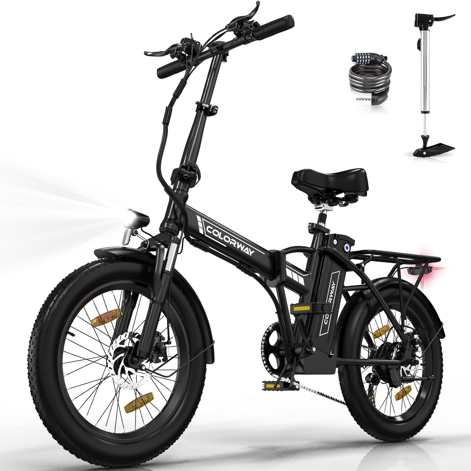 Een zwarte opvouwbare COLORWAY e-bike met een slot en pomp als accessoire, getoond tegen een witte achtergrond.