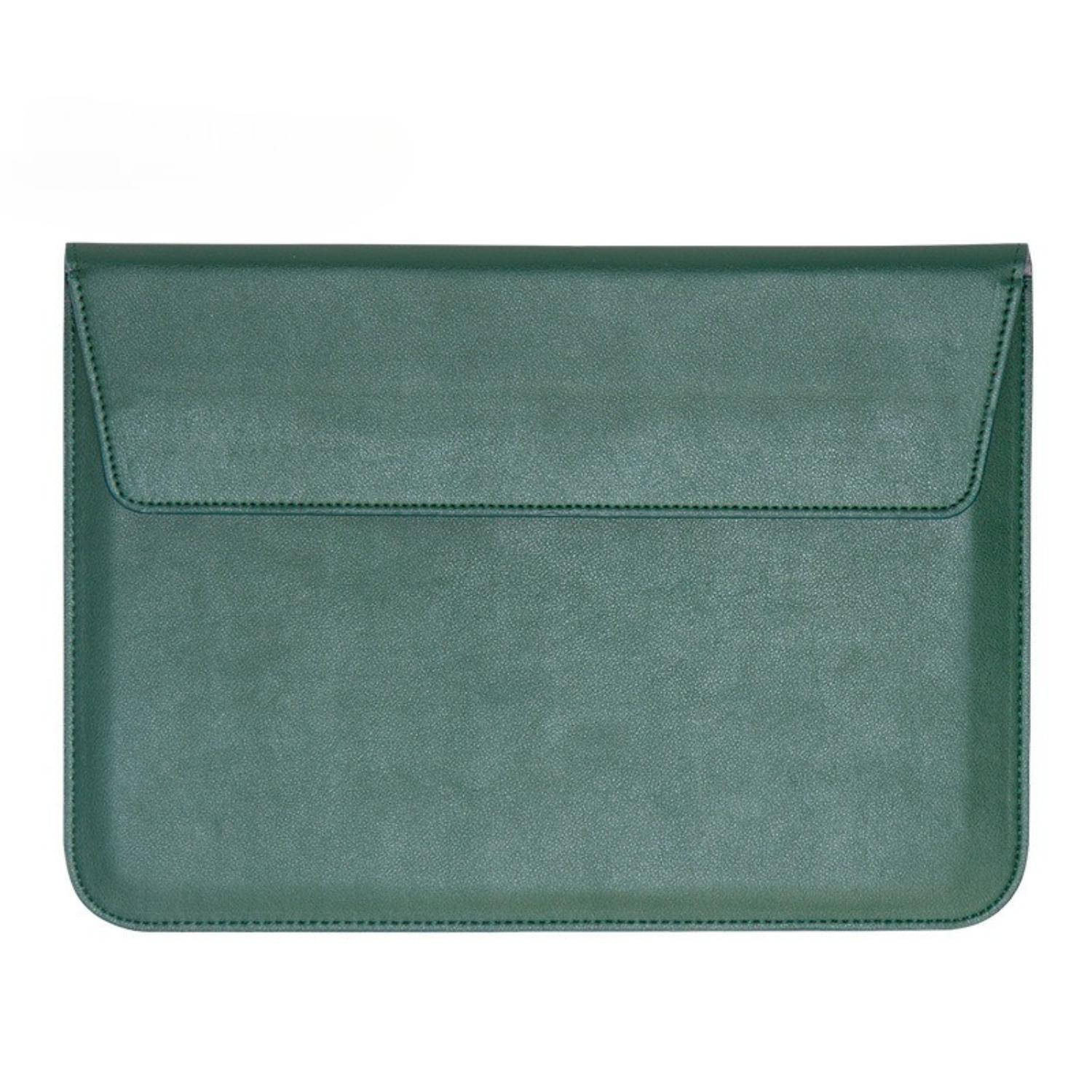 Grüne Laptoptasche. Sie hat eine rechteckige Form mit einem Klappenverschluss. Die Oberfläche hat eine lederartige Textur.