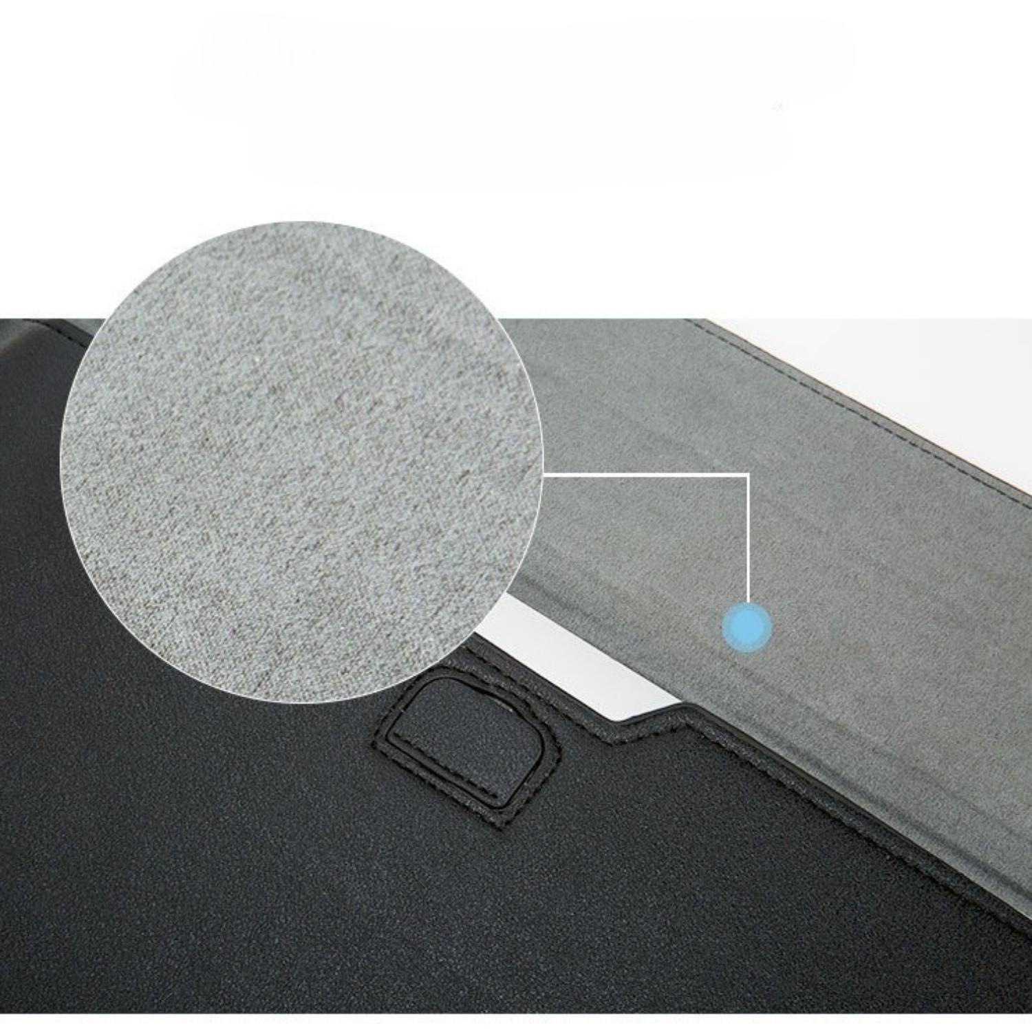 Nahaufnahme einer Laptoptasche. Die Tasche ist schwarz mit einem vergrößerten Bereich. Der vergrößerte Bereich zeigt ein graues Textil.