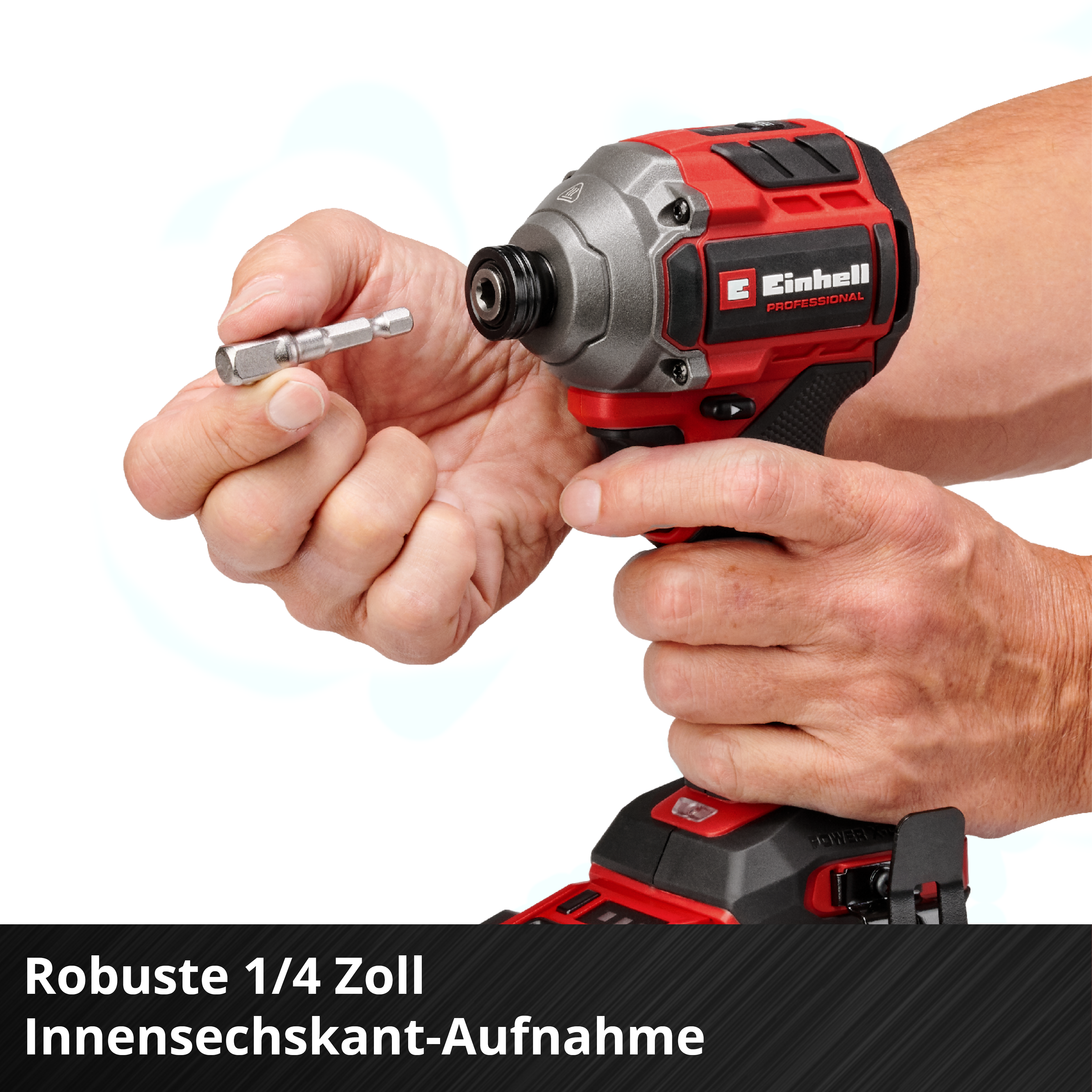 Ein roter und grauer Einhell Akku-Schlagschrauber mit einer Hand, die einen Bohrer hält.
